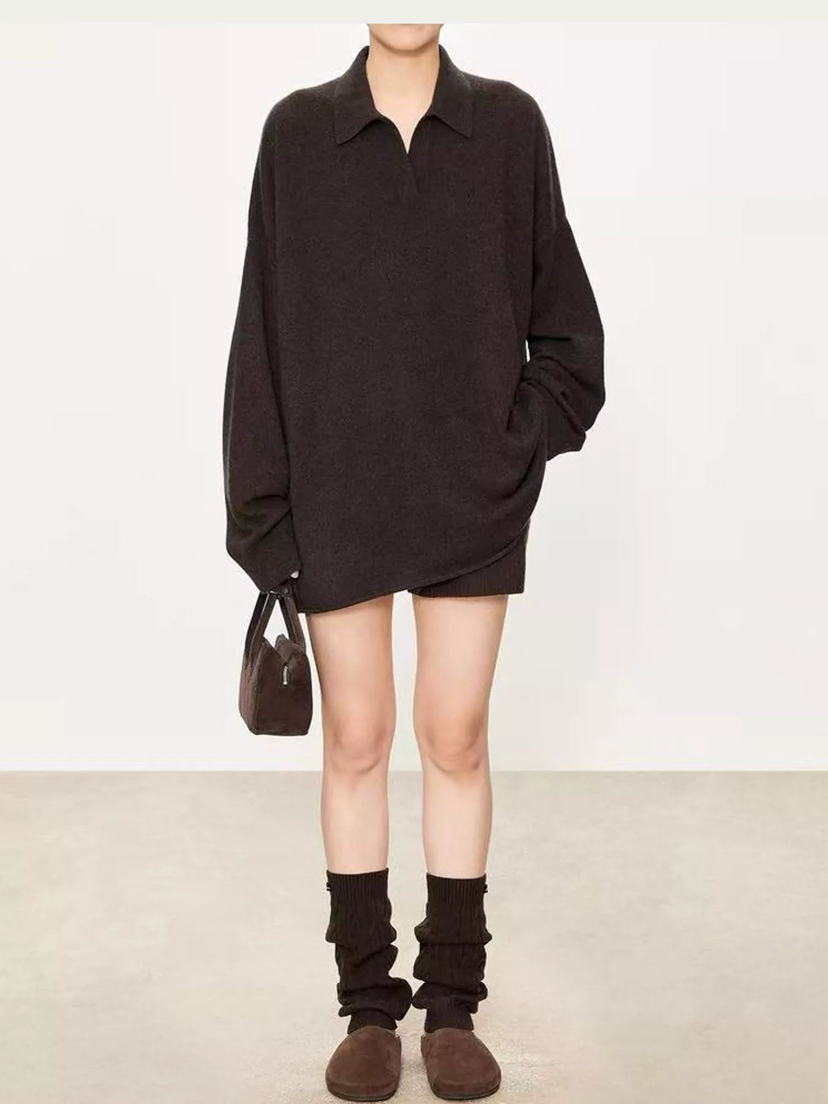 Brown dropped shoulder polo collar sweater