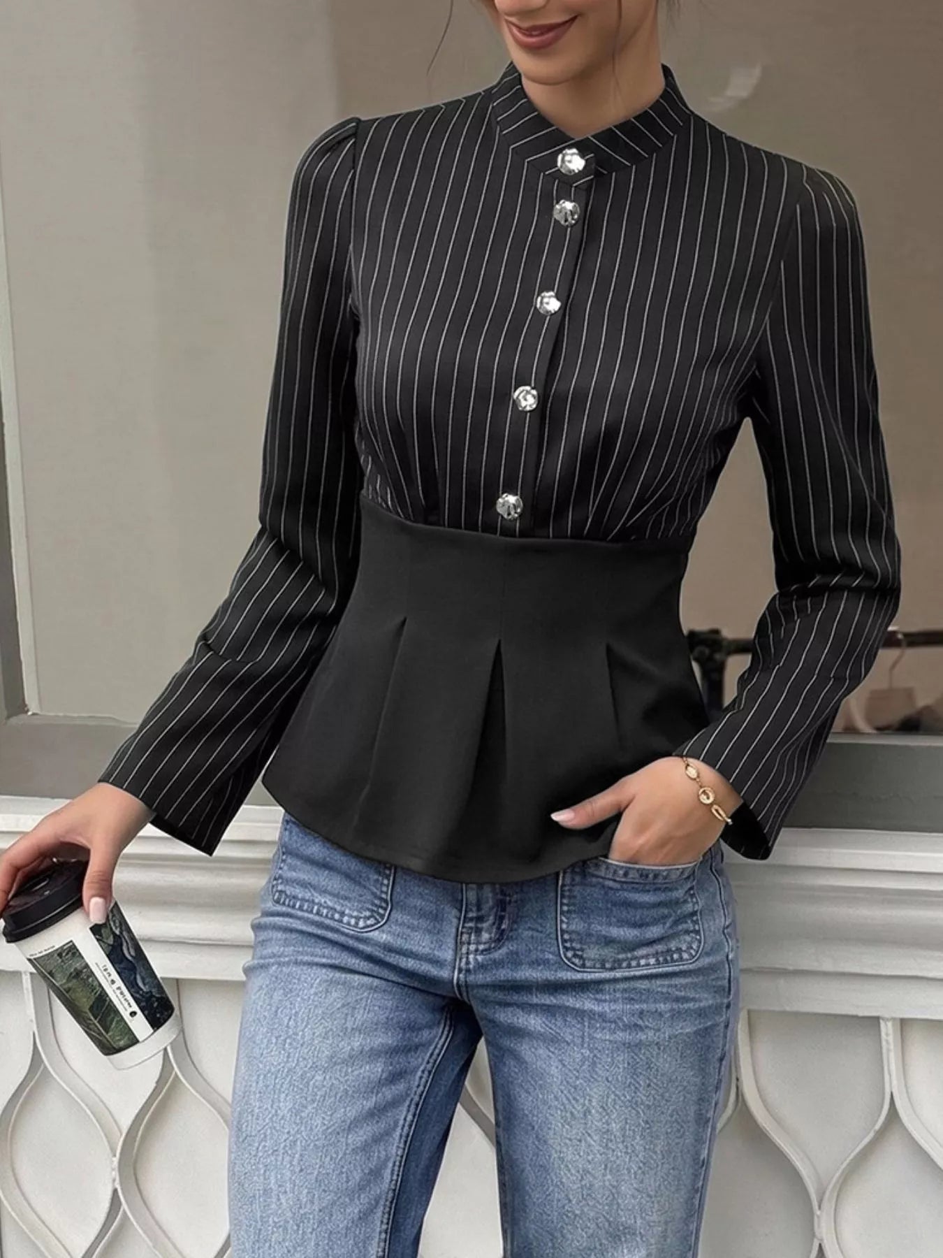 Trendsi Striped Long Sleeve Peplum Blouse -