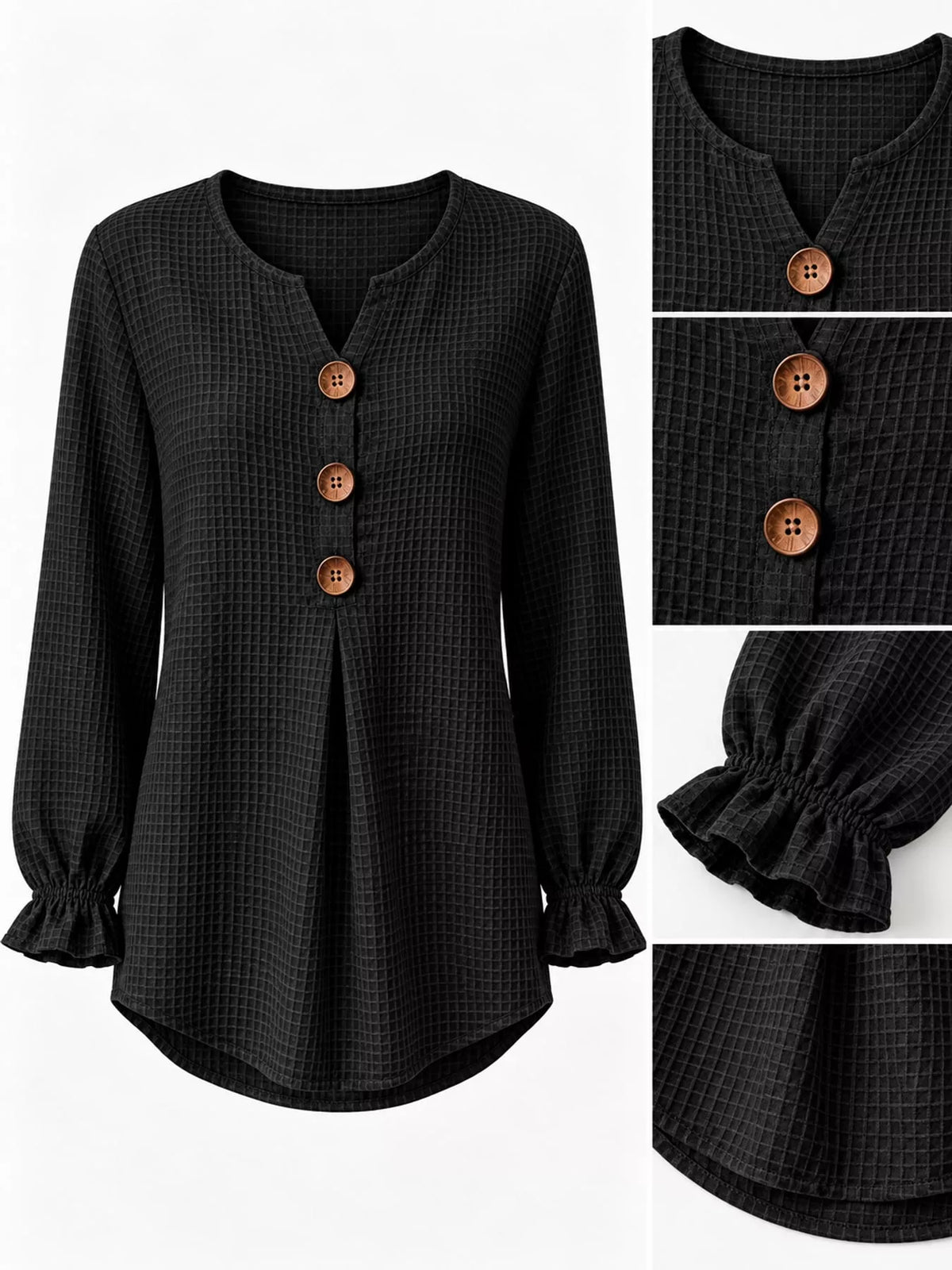 Women's Waffle Knit Flounce Sleeve Blouse in black — detail collage view