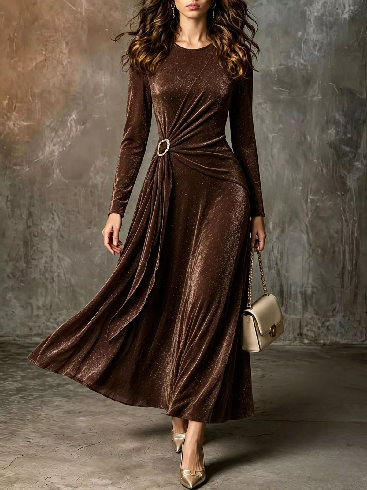 Brown velvet ring-detail maxi dress, full front view
