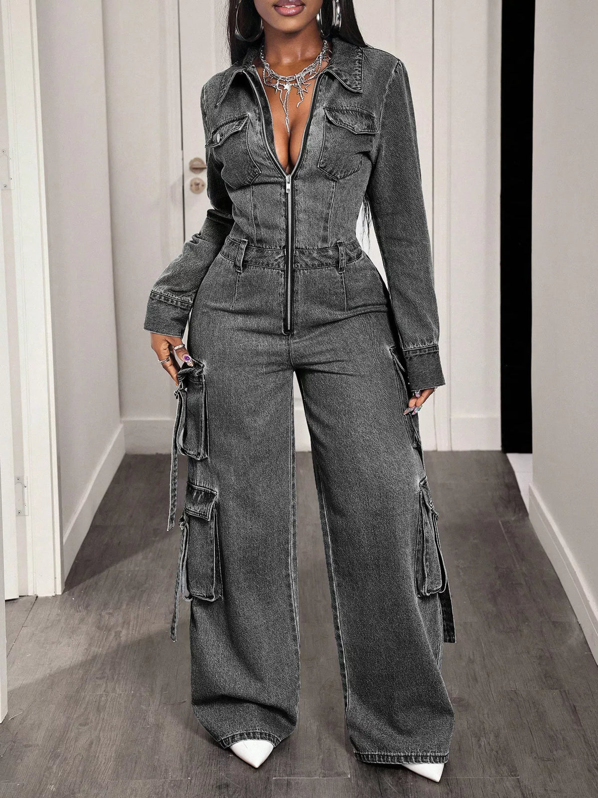 Women's Zip Front Wide Leg Denim Jumpsuit in Gray, front view