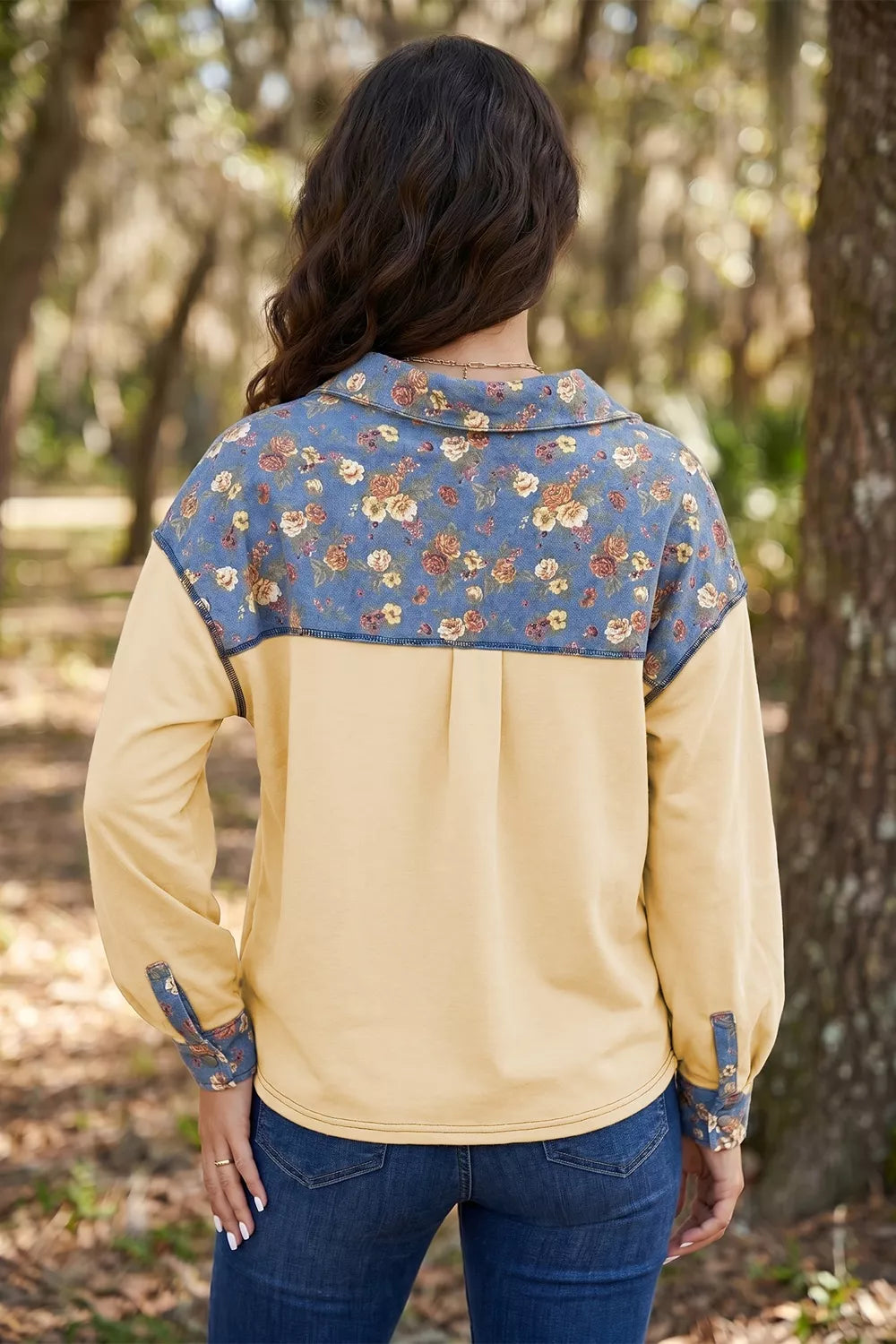 Trendsi Floral Denim Patchwork Collar V Neck Long Sleeve Pullover Top -