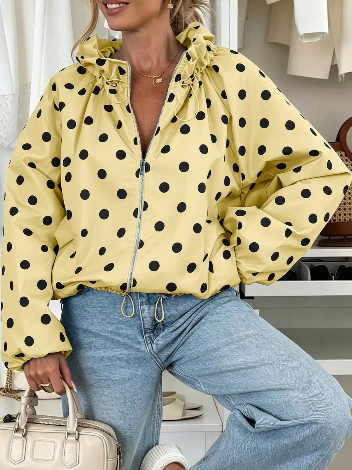 Polka Dot Drawstring Zip-Up Jacket — front view
