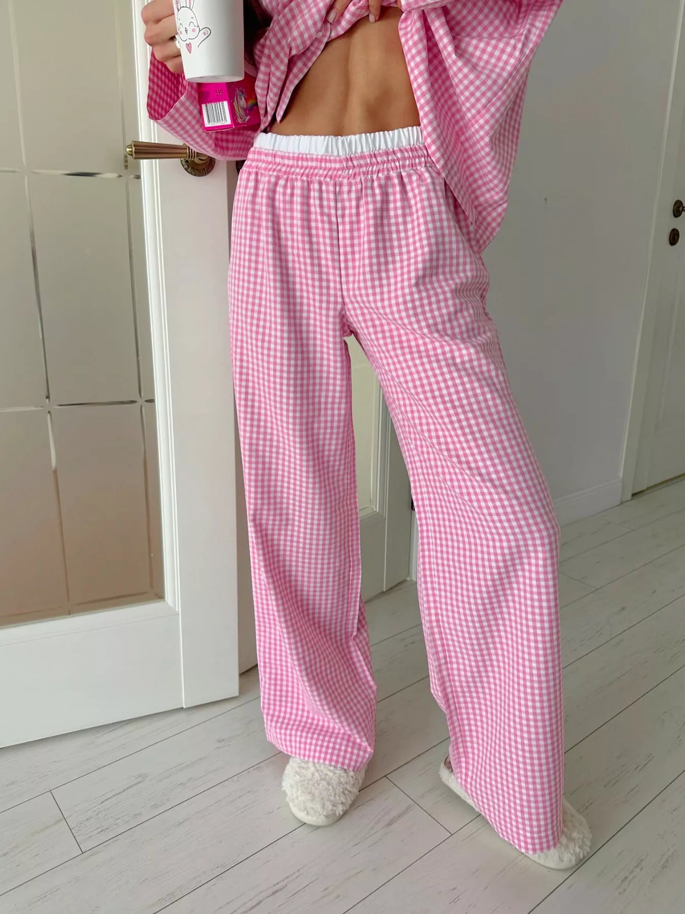 Trendsi Gingham Button-Down Top and Pants Loungewear Set -