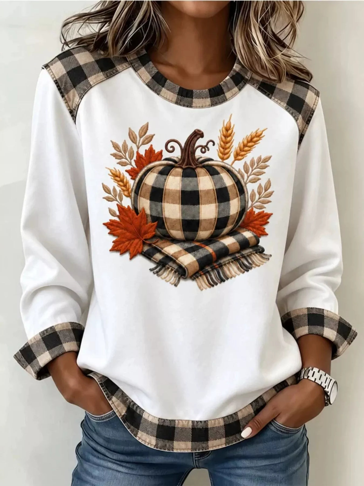 White pumpkin-patchwork sweatshirt, front view