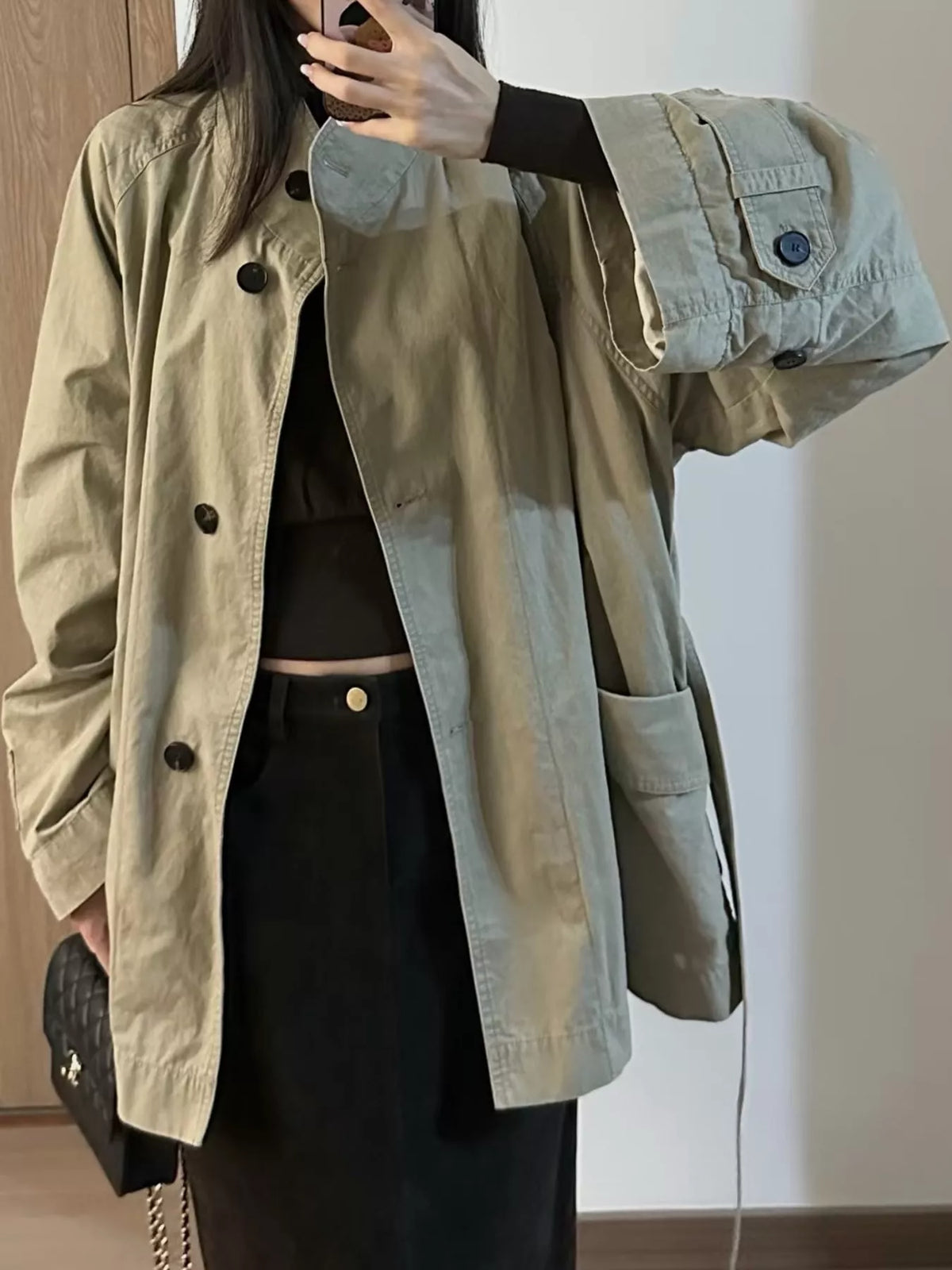 Vintage Style Stand-Collar Belted Utility Jacket, detail view in khaki