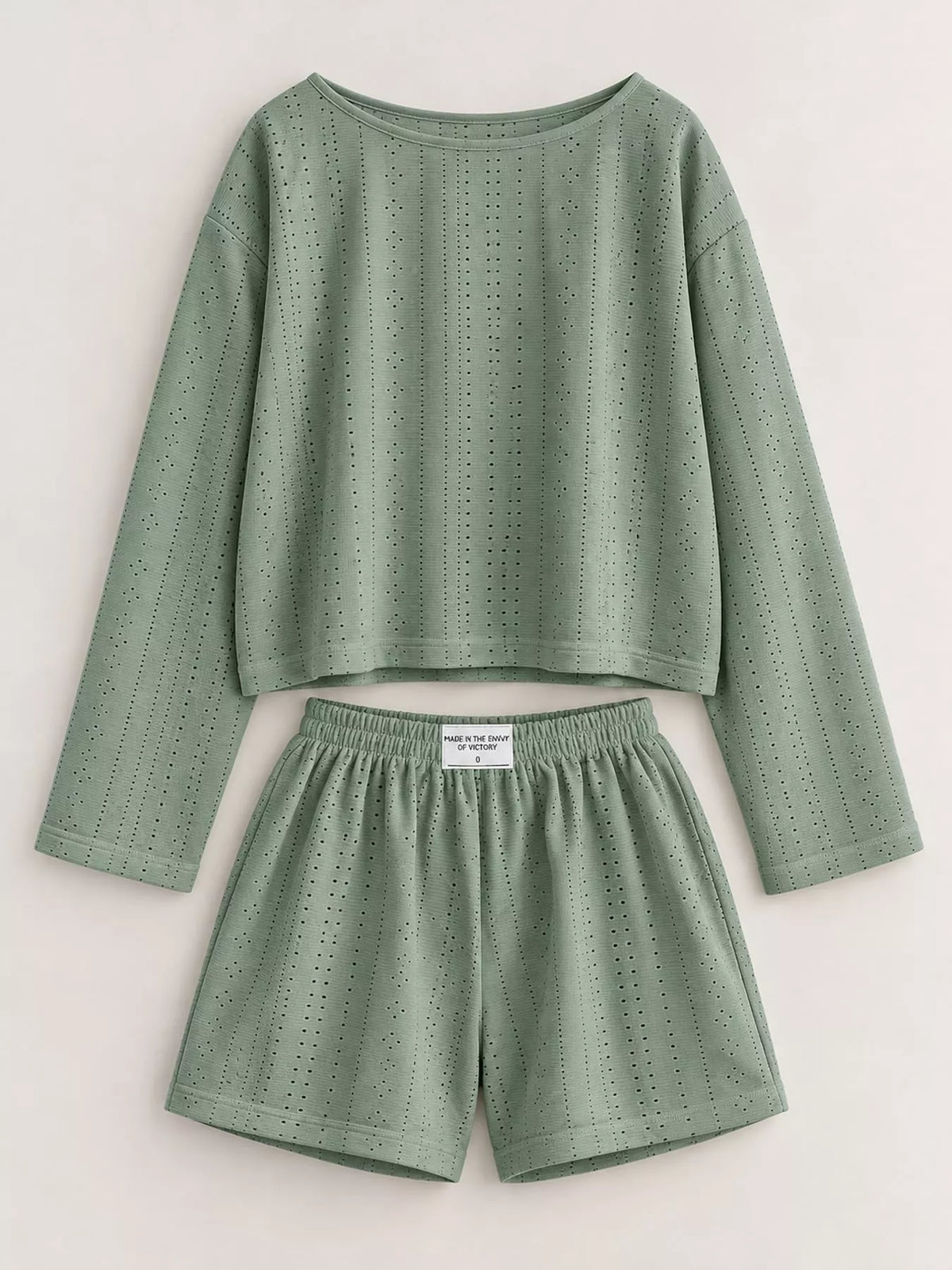 Eyelet Long Sleeve Top and Shorts Lounge Set in green