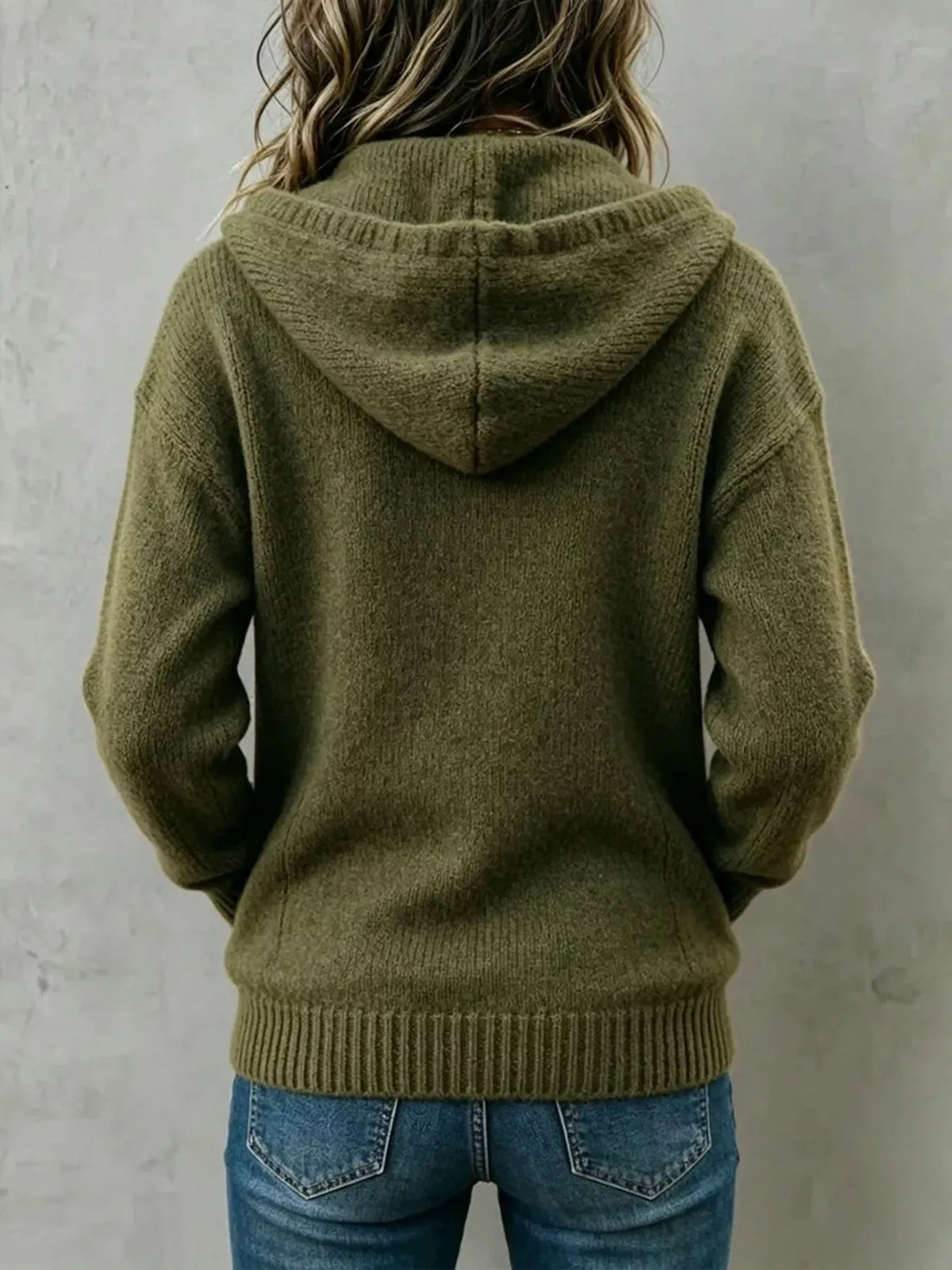 Women's Hooded Button-Down Knit Cardigan in olive — back view