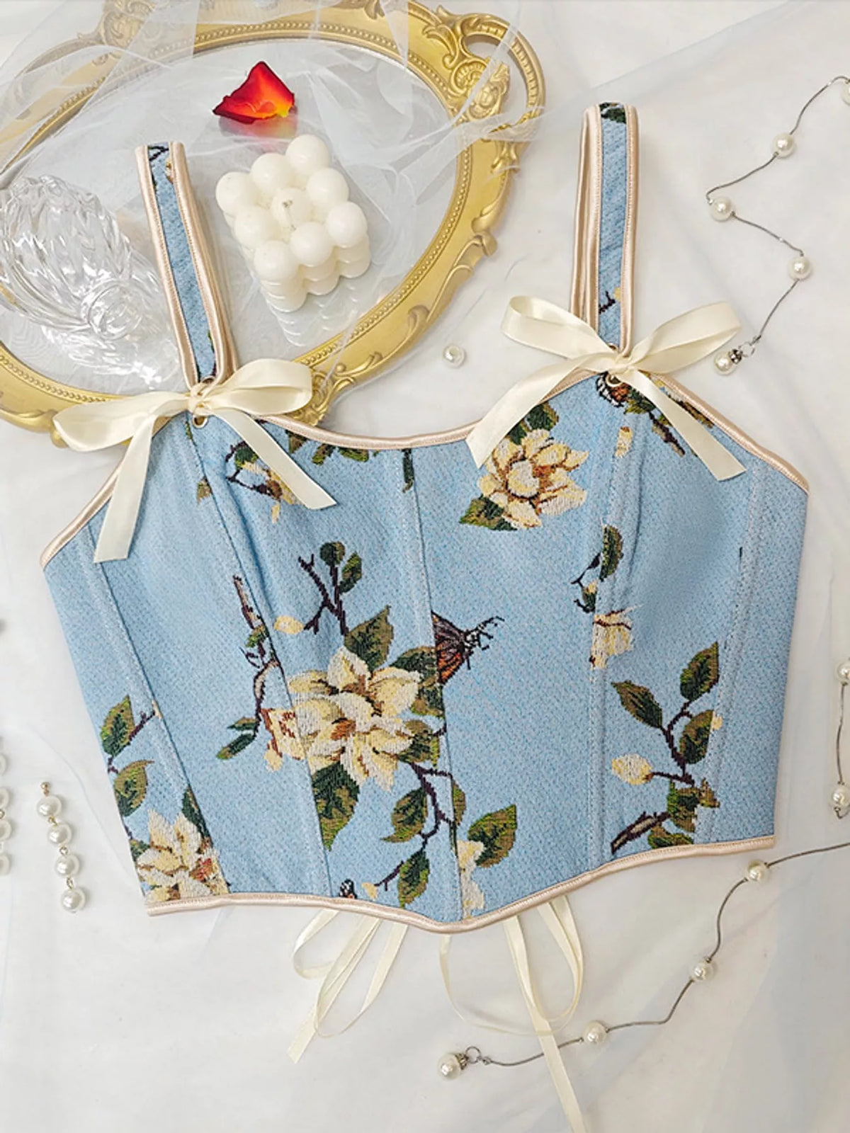 Blue floral lace-up back tank