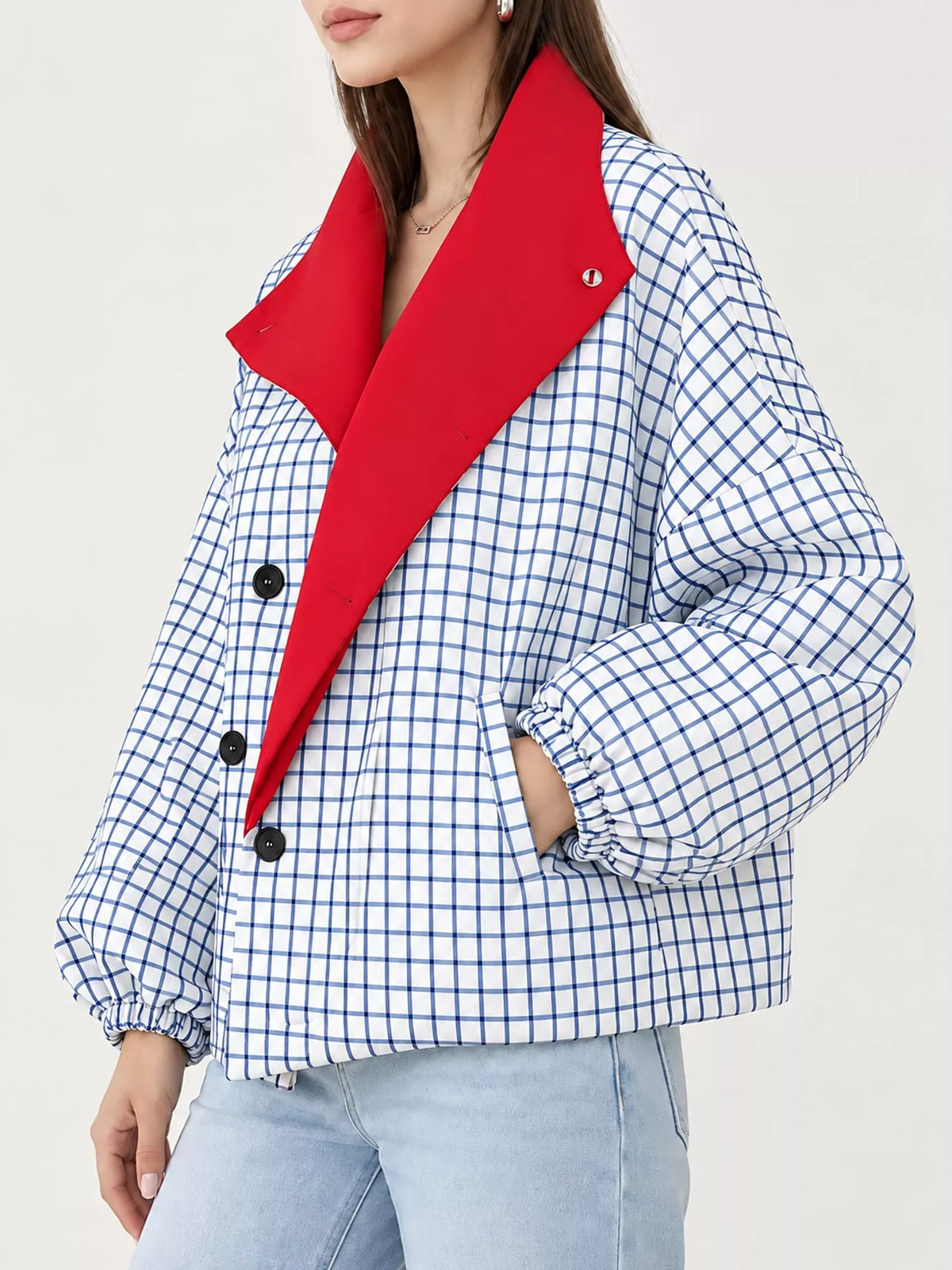 White and blue check contrast lapel plaid jacket — side view