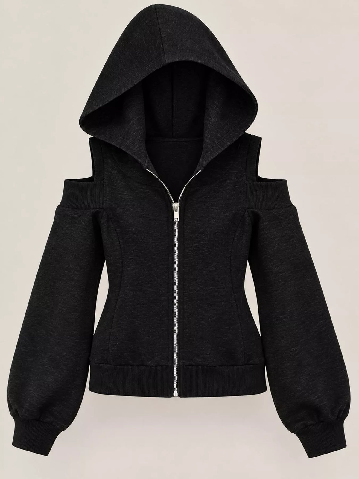 Cold-shoulder hoodie, black flat lay