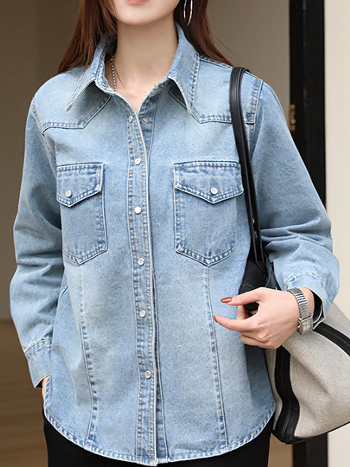 Snap Down Cropped Denim Shacket in blue