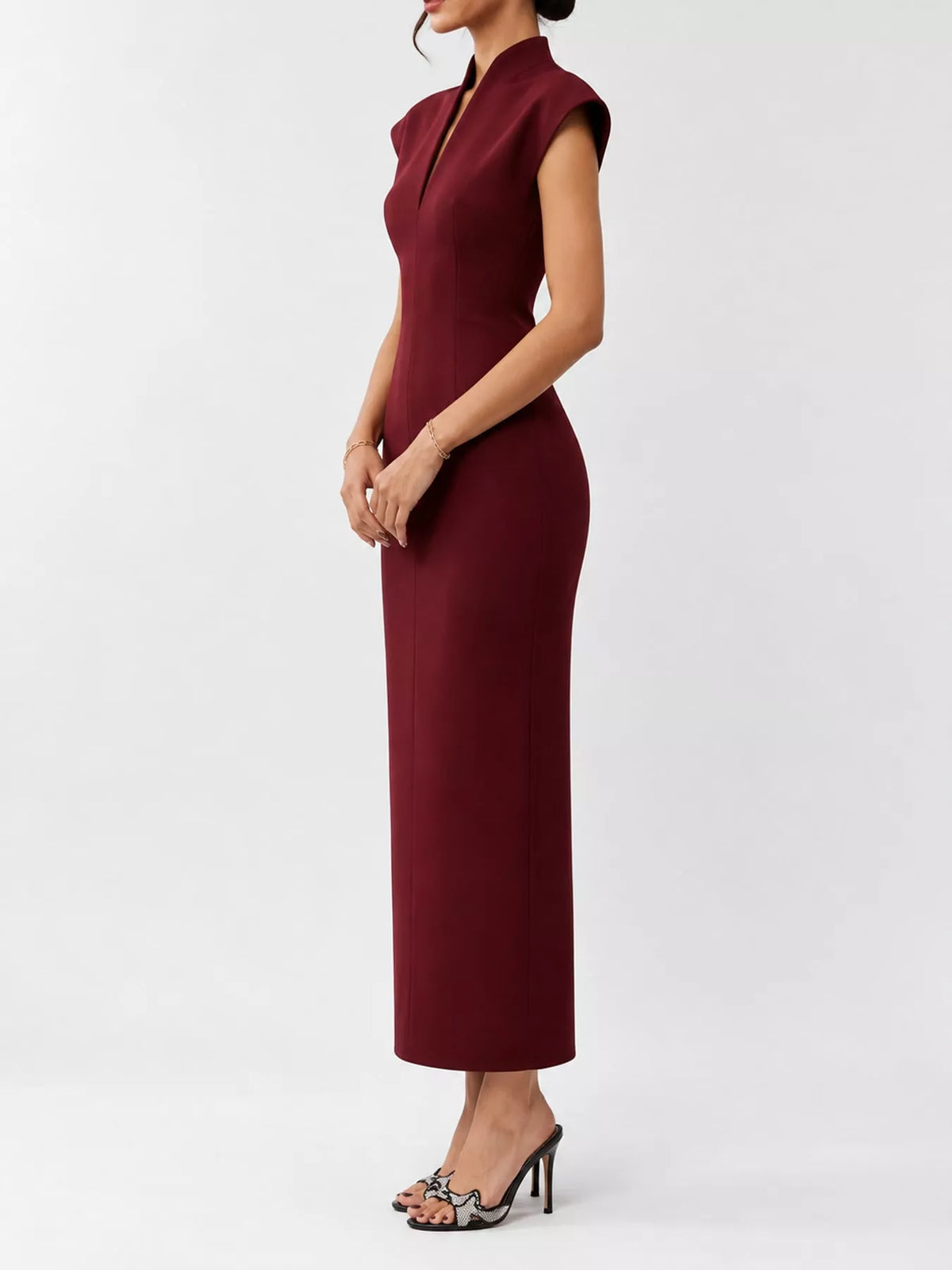 Women's Slit Sleeveless Bodycon Midi Dress in burgundy — side view