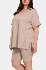 Trendsi Zenana Full Size V-Neck Short Sleeve Slit T-Shirt and Shorts Set -