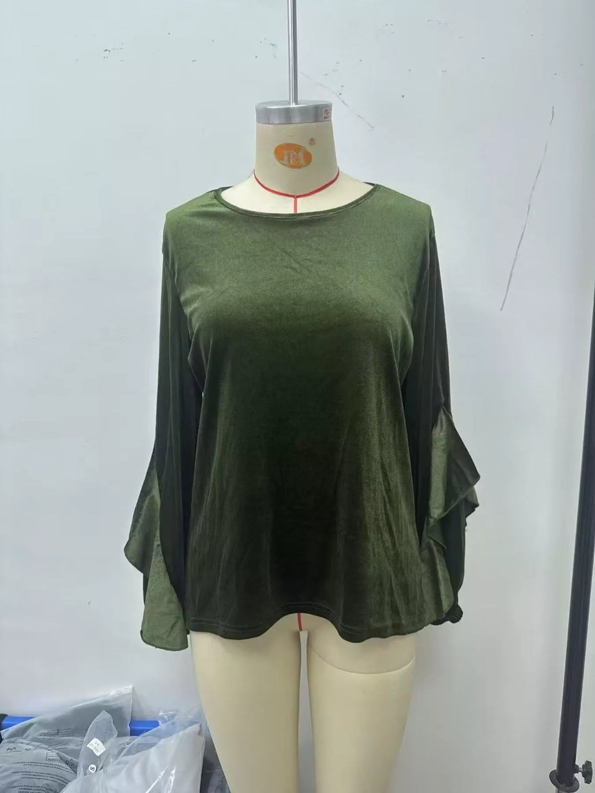 Women's Velvet Round Neck Ruffle Sleeve Top in Black, alternate view