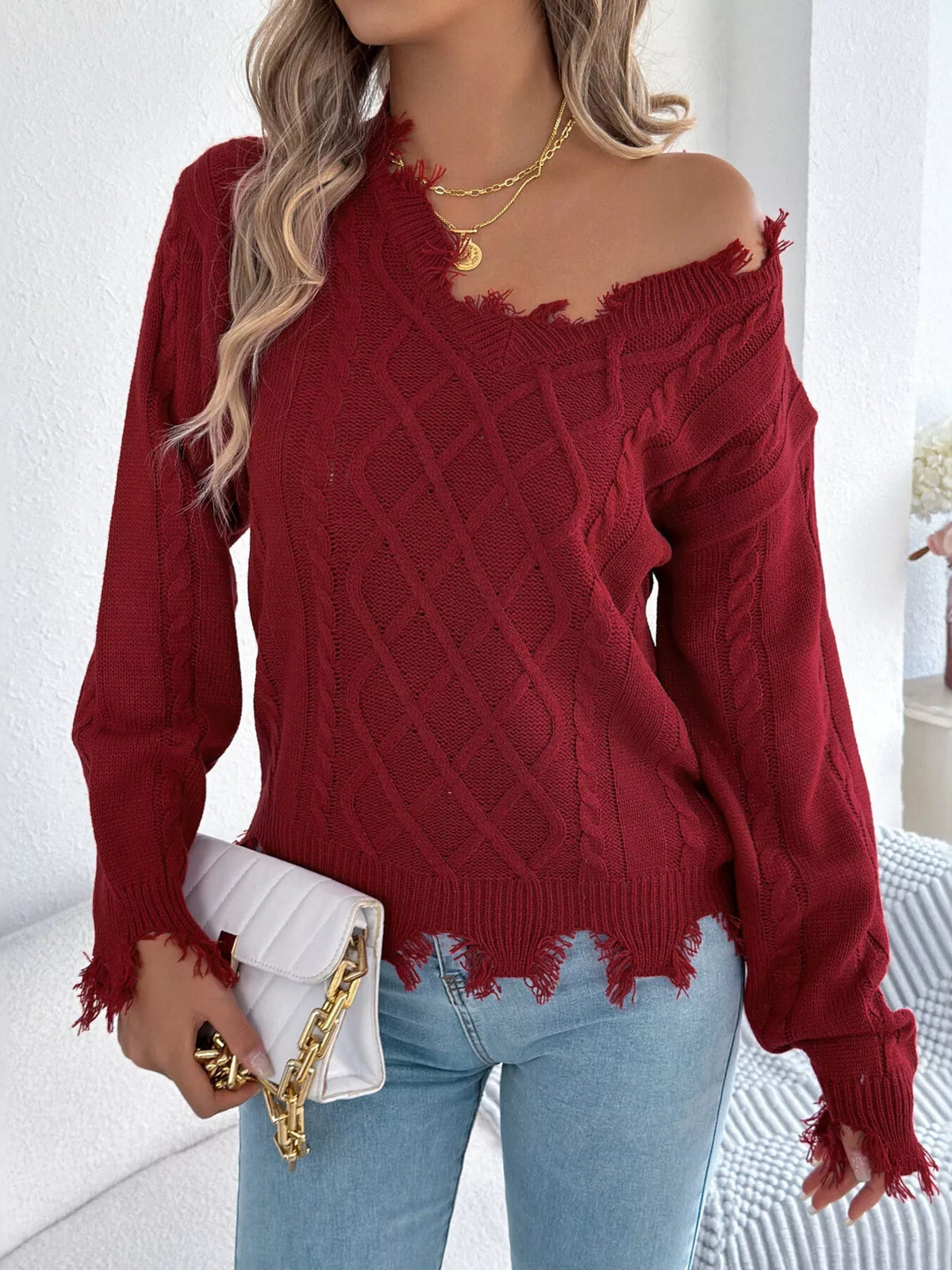 V-Neck Distressed Hem Cable Knit Sweater in burgundy, front view