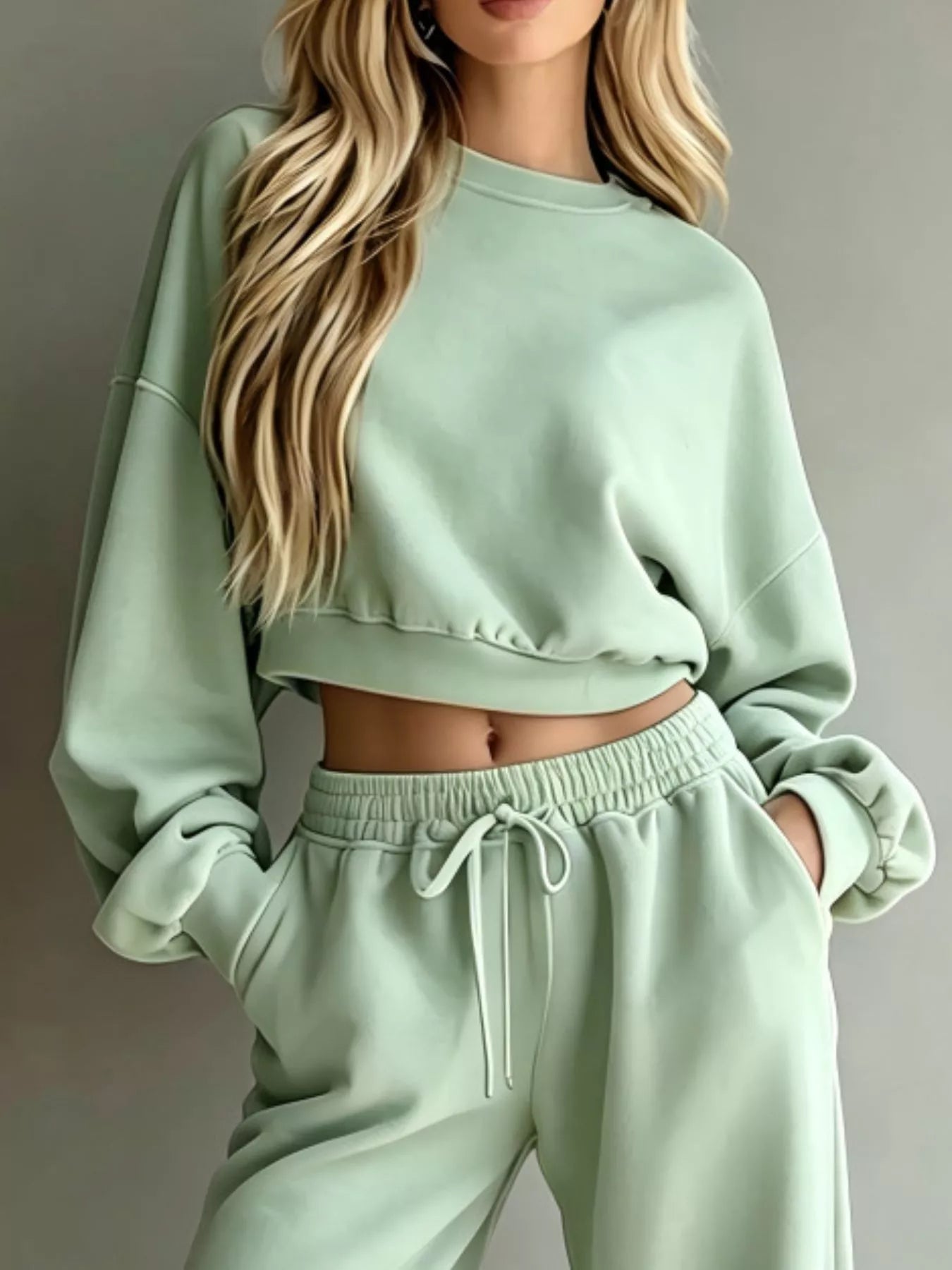 Trendsi Round Neck Cropped Sweatshirt and Wide-Leg Pants -