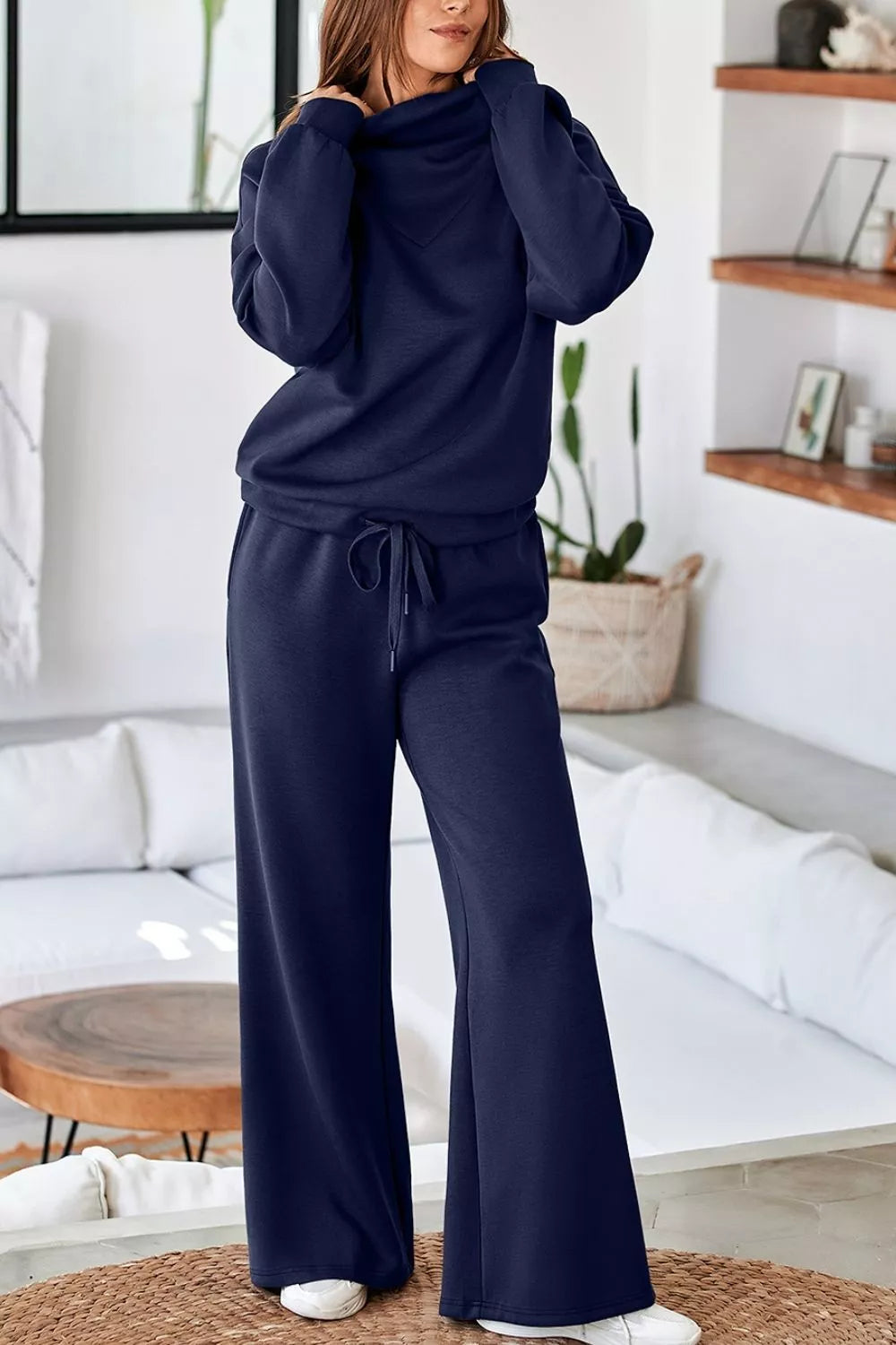 Trendsi Solid Color Cowl Neck Drawstring Pullover Wide Leg Athleisure Pants Set -