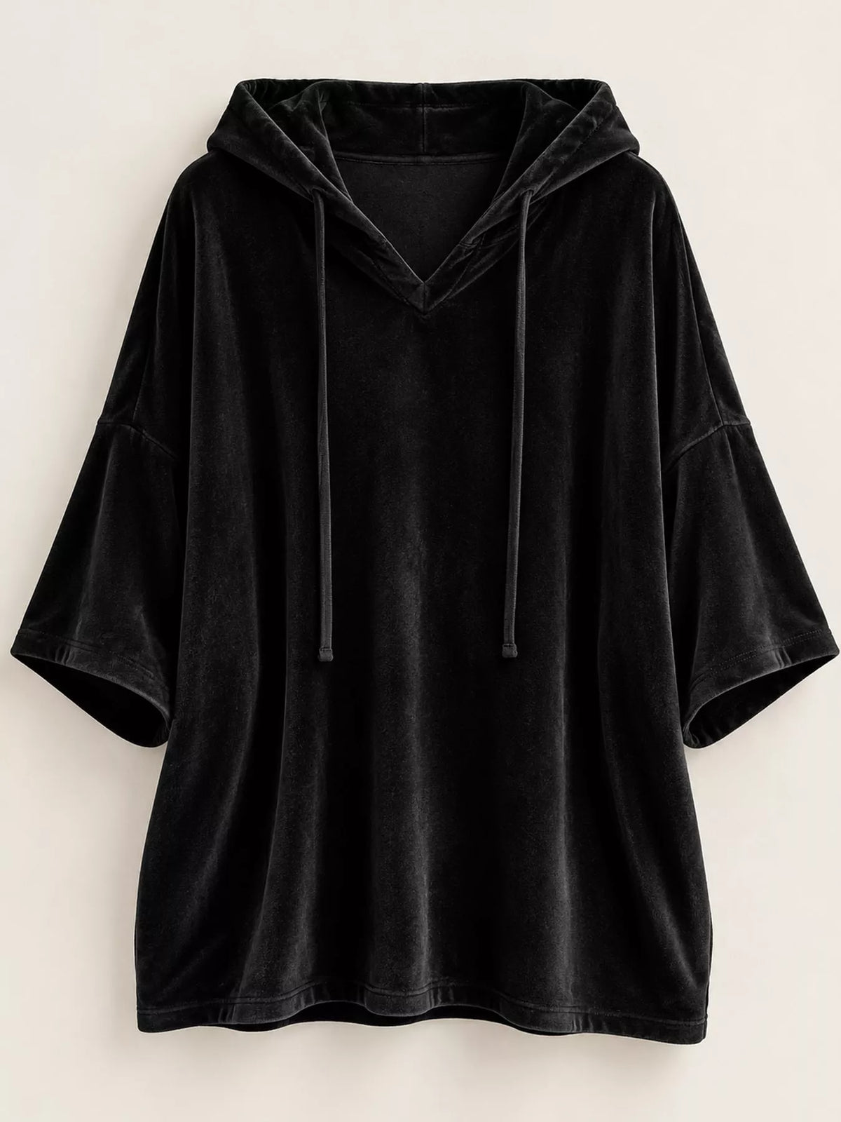 Black velvet half sleeve hoodie with drawstring