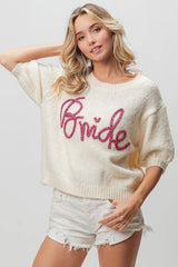 Trendsi BiBi Metallic Letter Short Puff Sleeve Hairy Sweater -