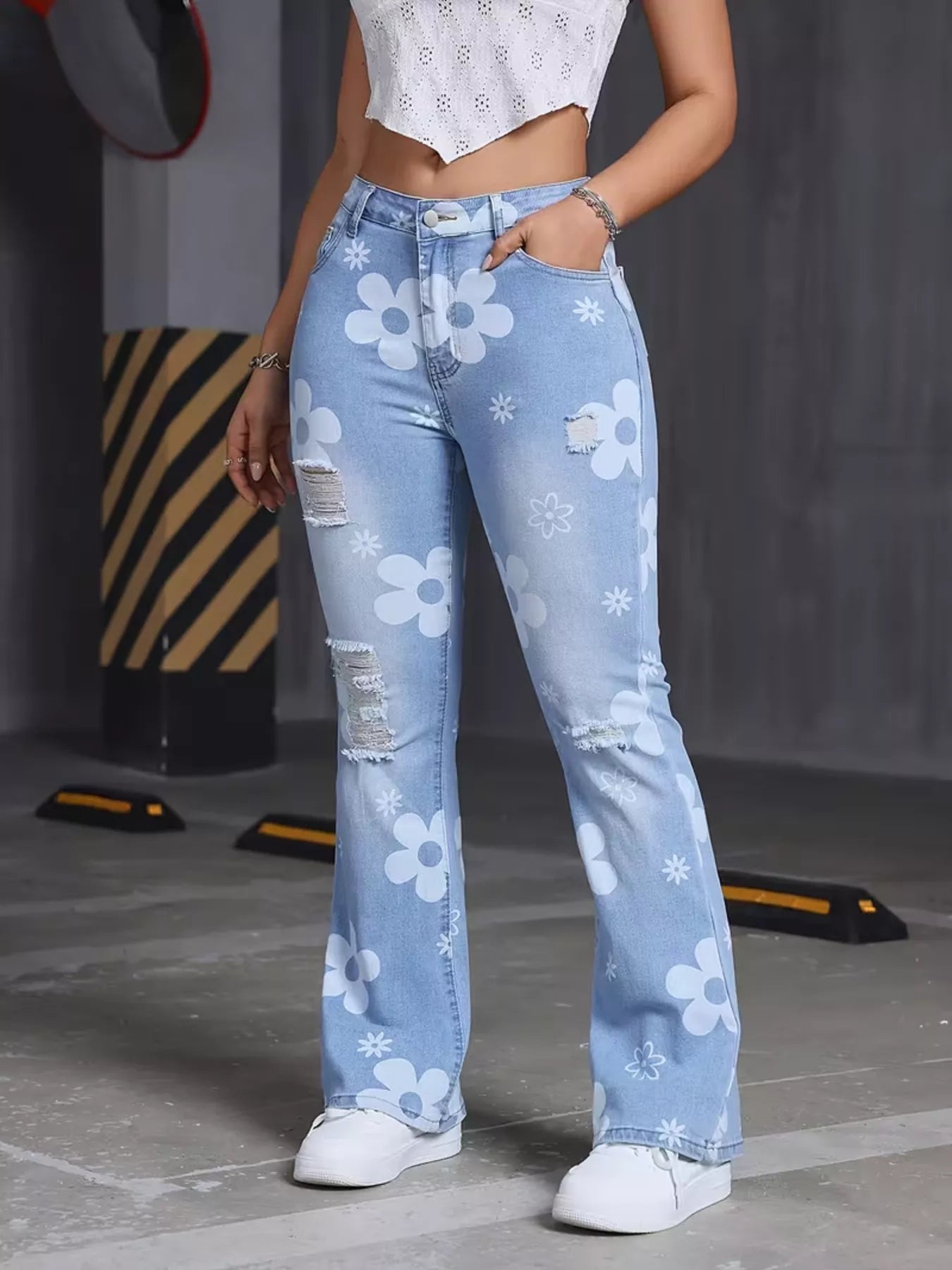 Trendsi High-Waisted Floral Print Distressed Flare Jeans -