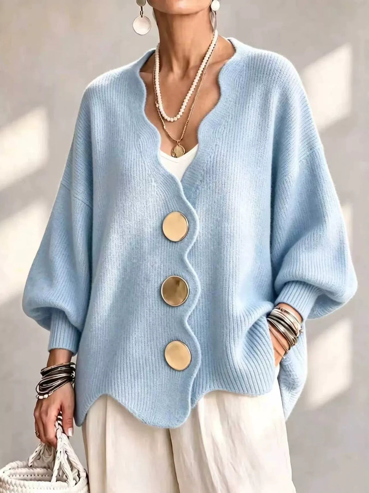 Women's Scalloped-Edge Oversized Button-Down Cardigan in Sky Blue, front view