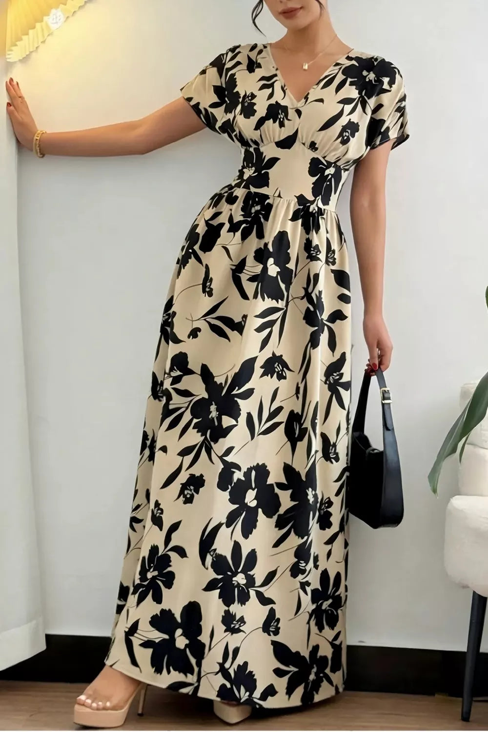 Trendsi Floral Print Short Sleeve A-Line Maxi Dress -