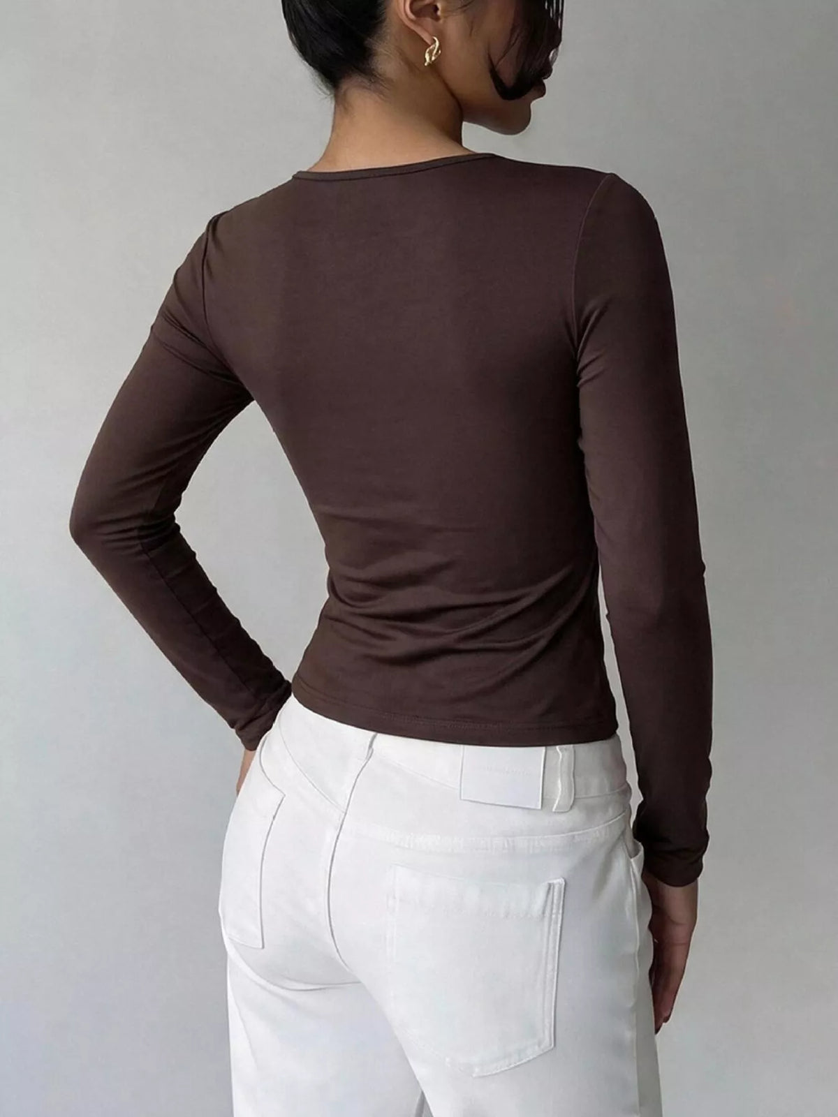 Lace-Trimmed Twist-Front Long Sleeve T-Shirt, back view