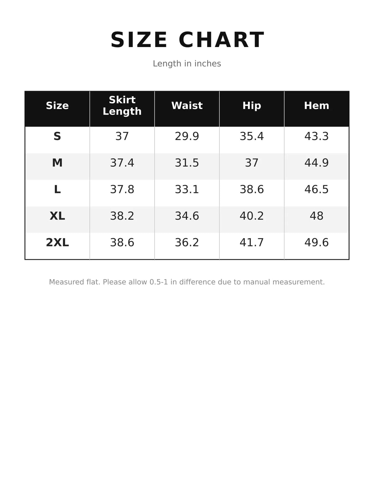 Size chart for side slit skirt