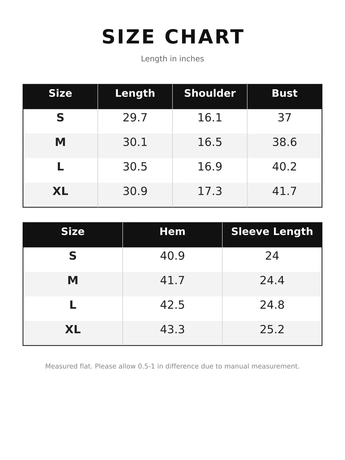 Size chart for lightweight multi pockets jacket