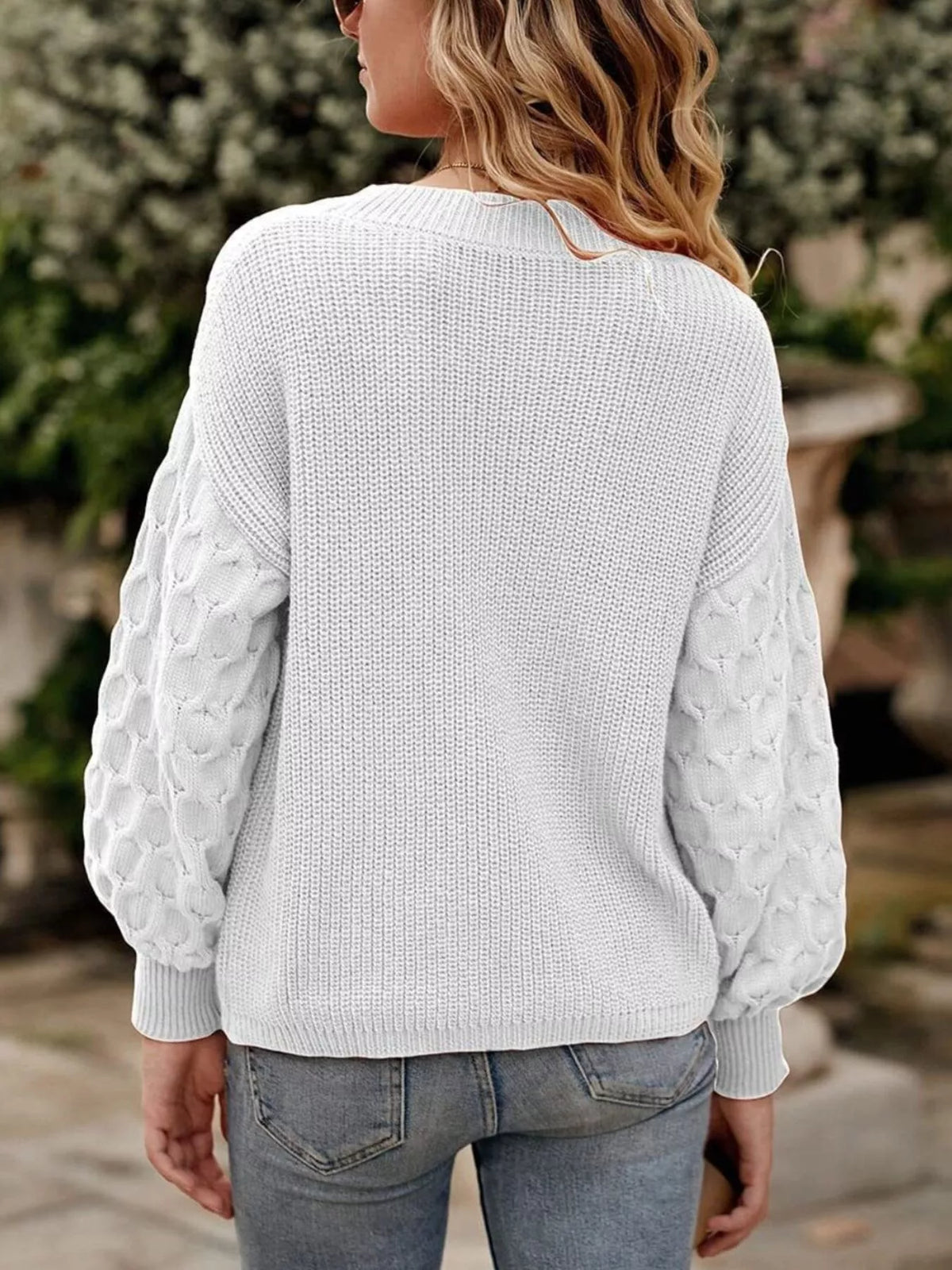 Textured Sleeve Round Neck Sweater in white, back view