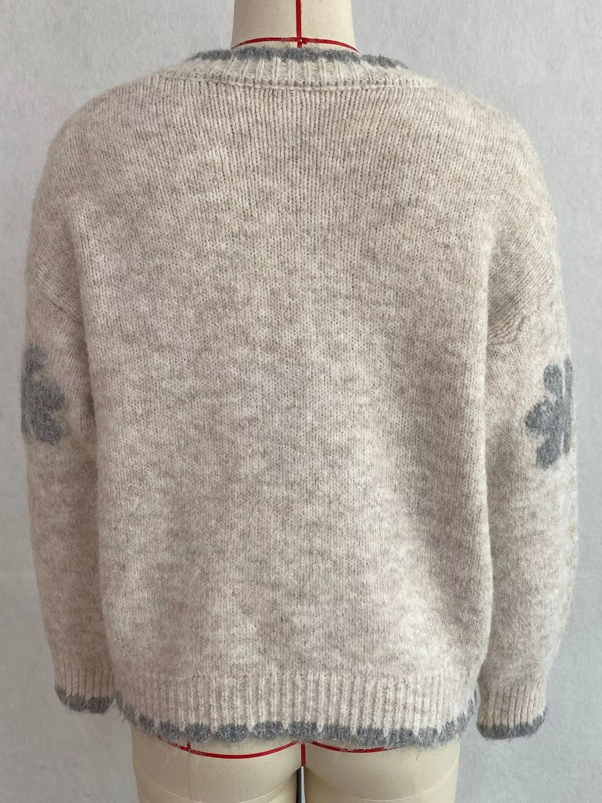 Floral-applique knit cardigan in beige, mannequin back view
