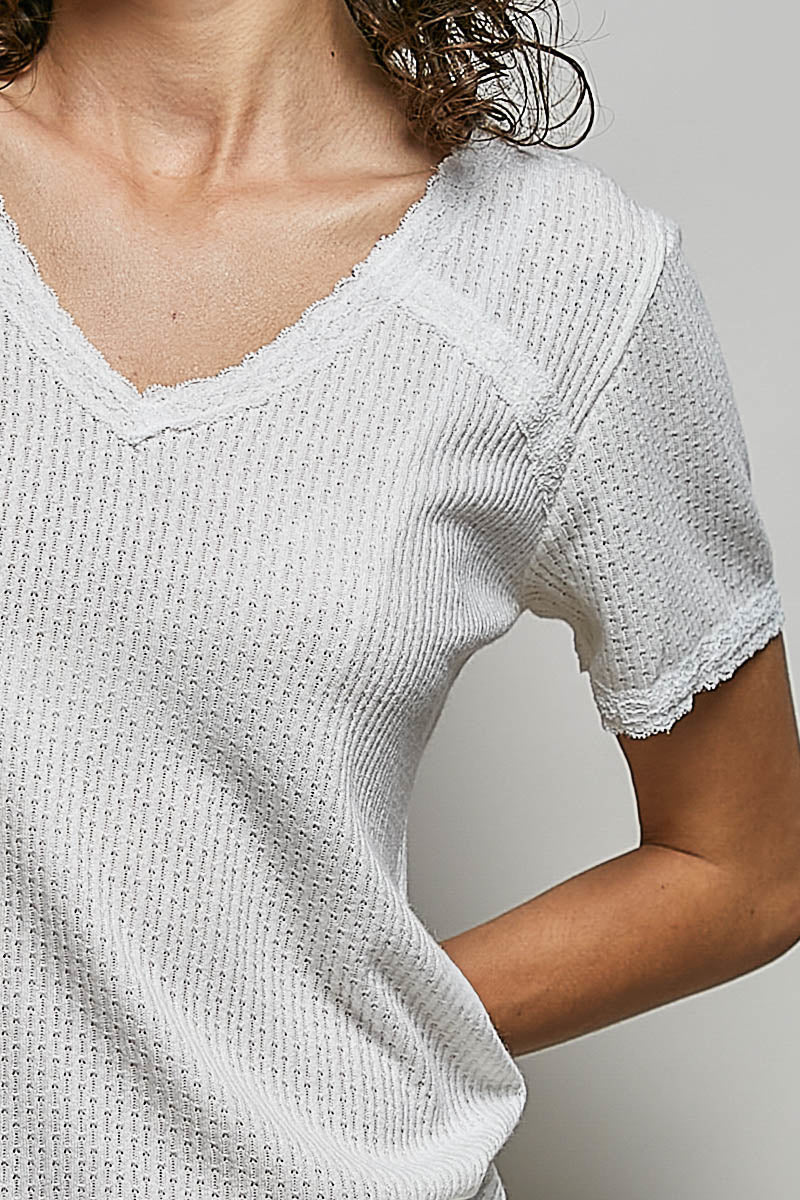 Women's Lace-Detail V-Neck Short Sleeve Textured T-Shirt — product view 6