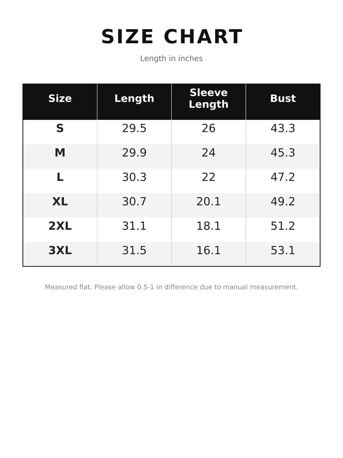 Size chart for lapel collar long sleeve denim blazer