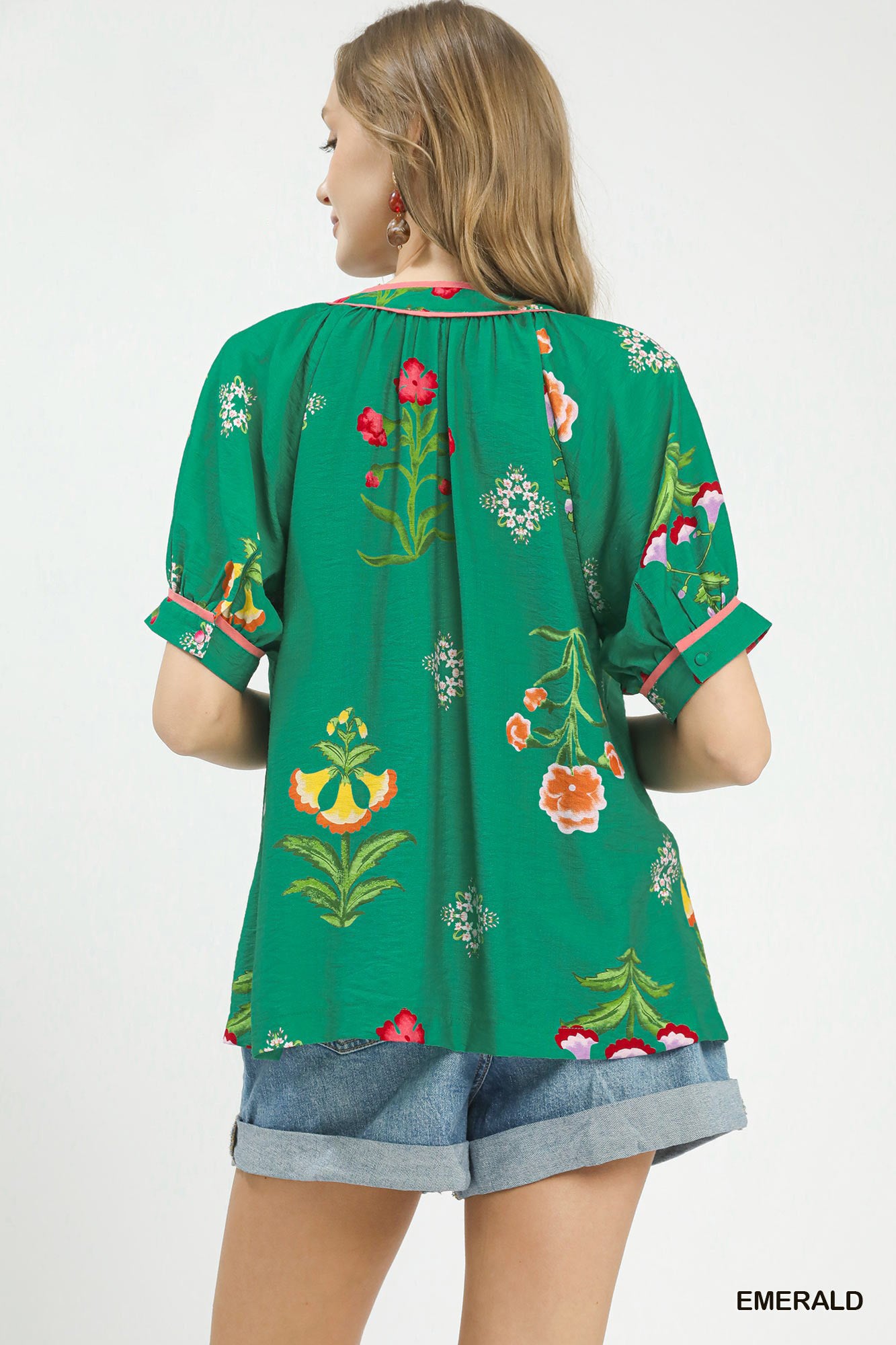 Women's Botanical Print Button-Front Blouse With Blue Contrast Trim — product view 3