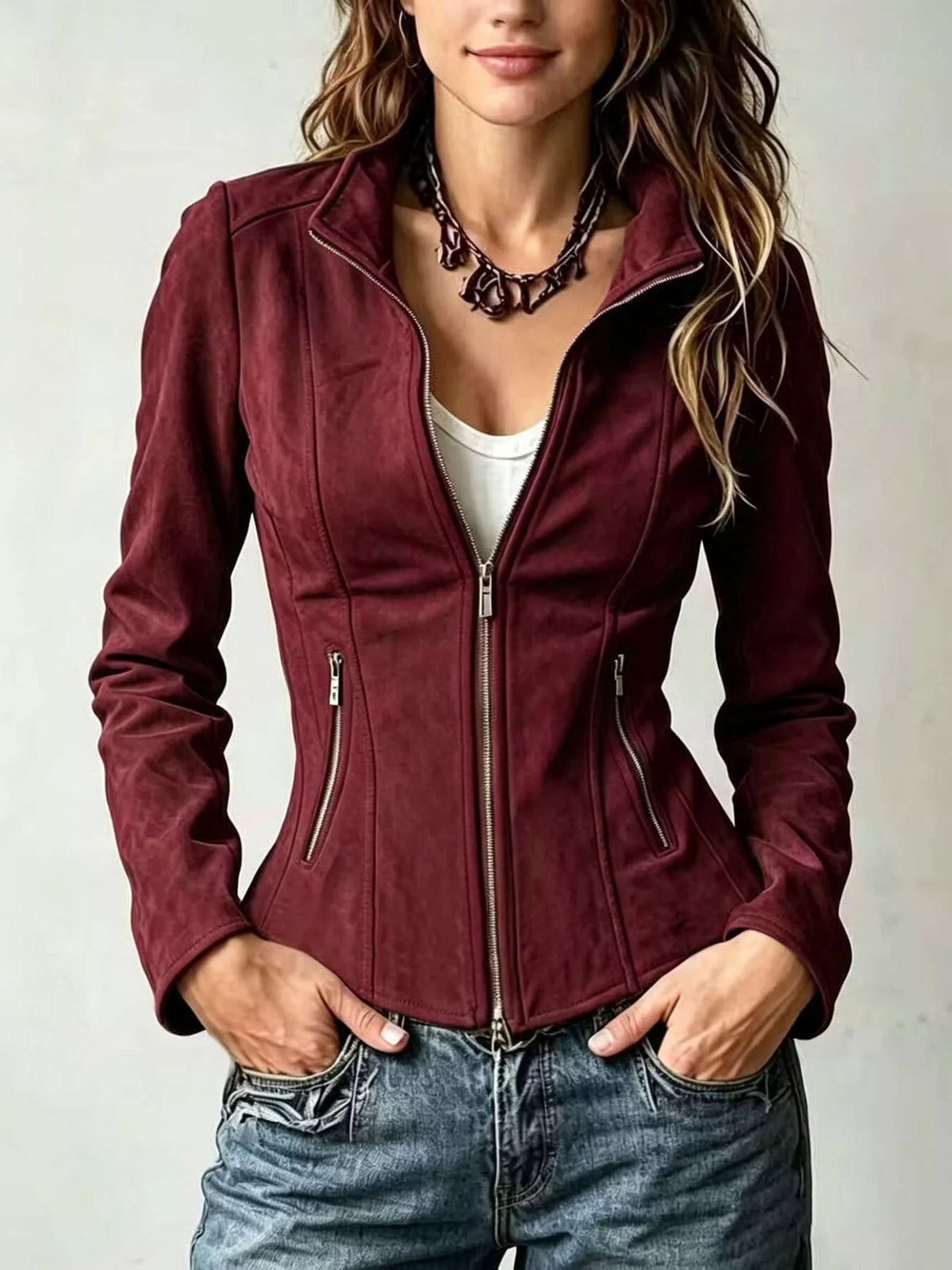 Burgundy slim-fit zip-up jacket