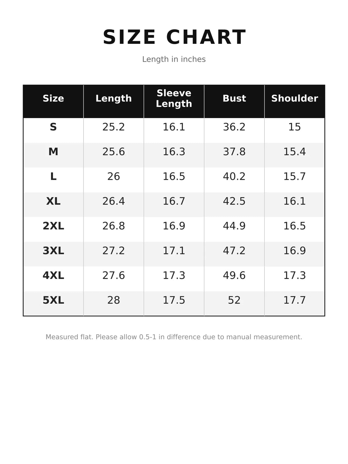 Size chart for v-neck half sleeve t-shirt