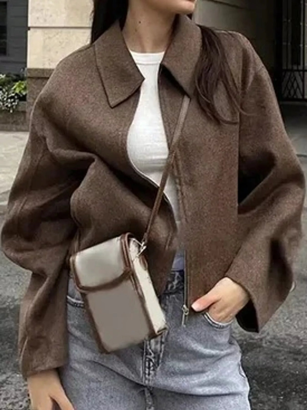 Cropped zip jacket, brown zip front