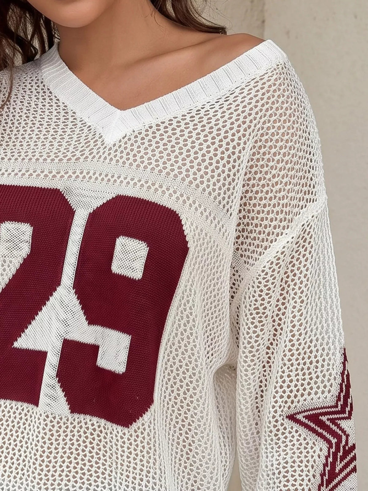 Women's Number 29 Openwork Knit Jersey Sweater in Burgundy, detail view