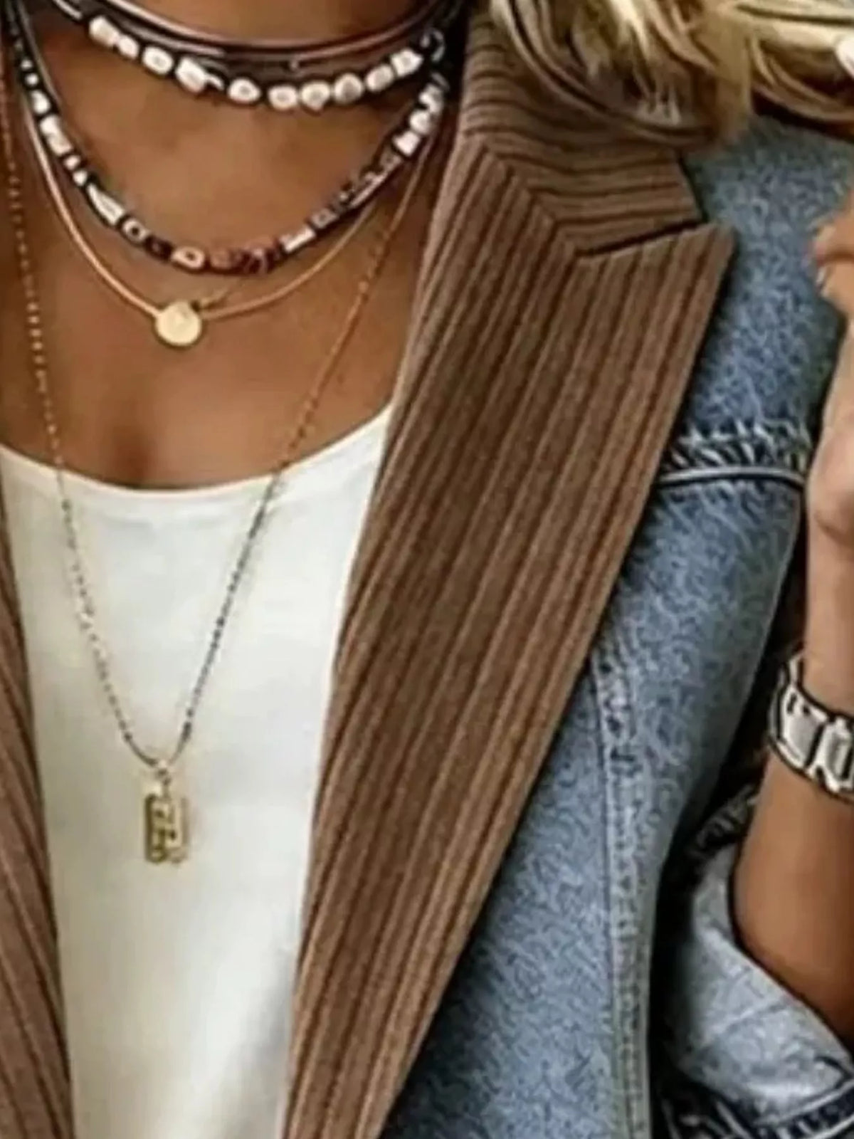 Brown and blue ribbed blazer with contrasting panels, lapel and panel detail