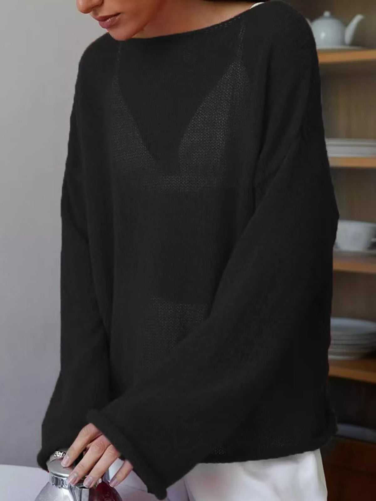 Black sheer openwork knit long sleeve top