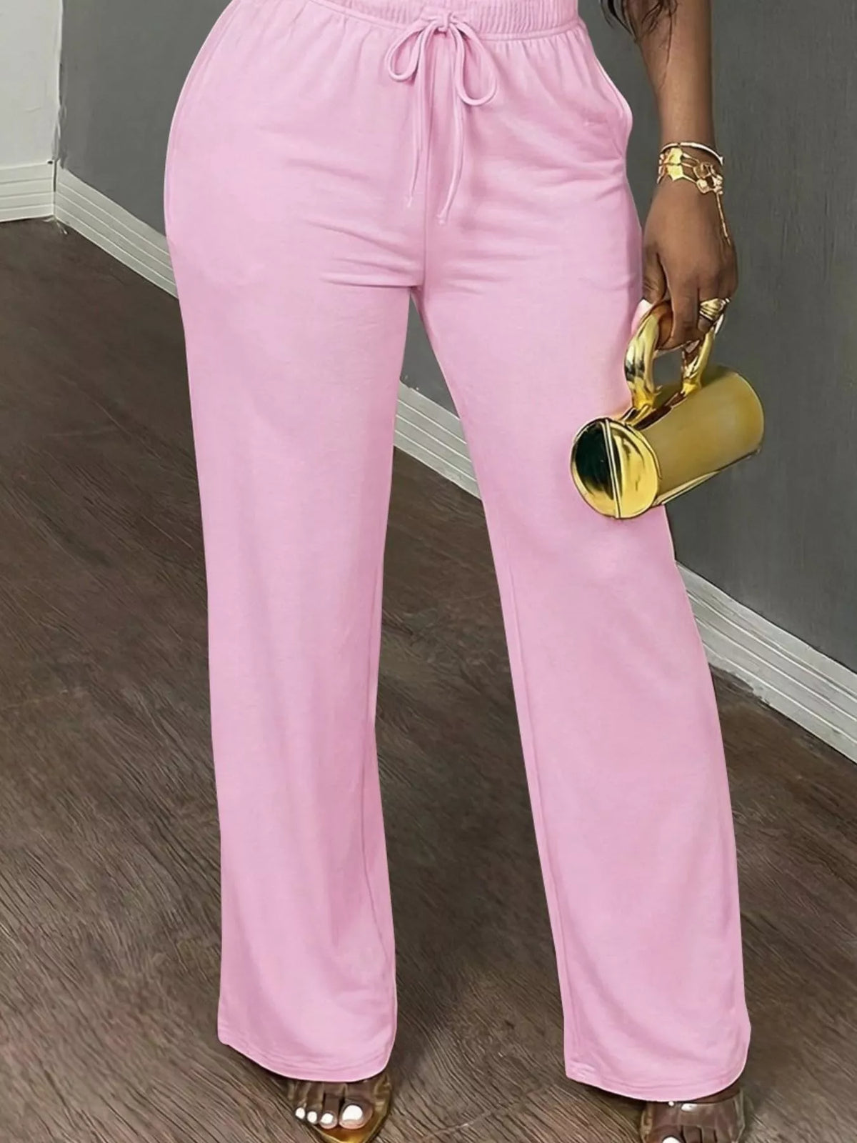 Pink Short Sleeve Top and Wide-Leg Pants Set, pants detail