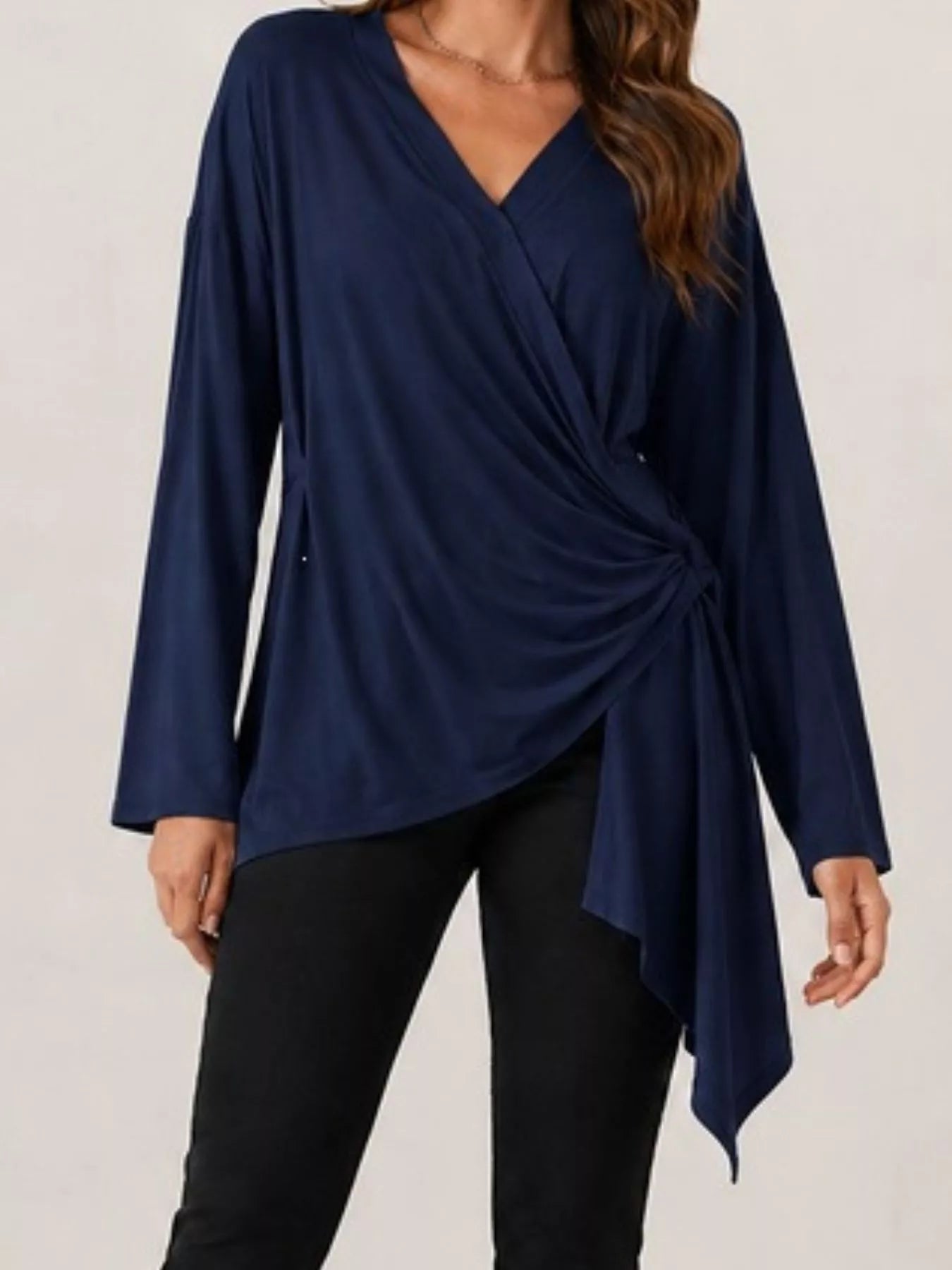 Trendsi Long Sleeve Wrap T-Shirt with Side Knot Detail -