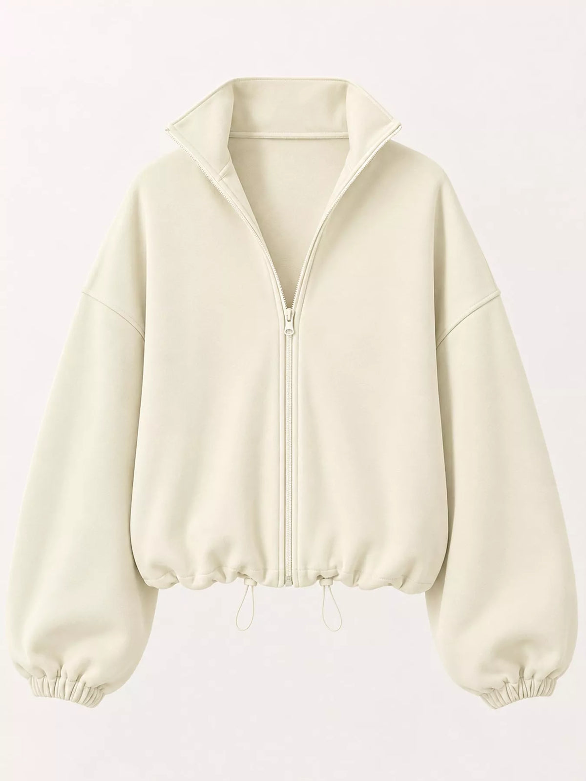 Cream drawstring hem zip-up jacket