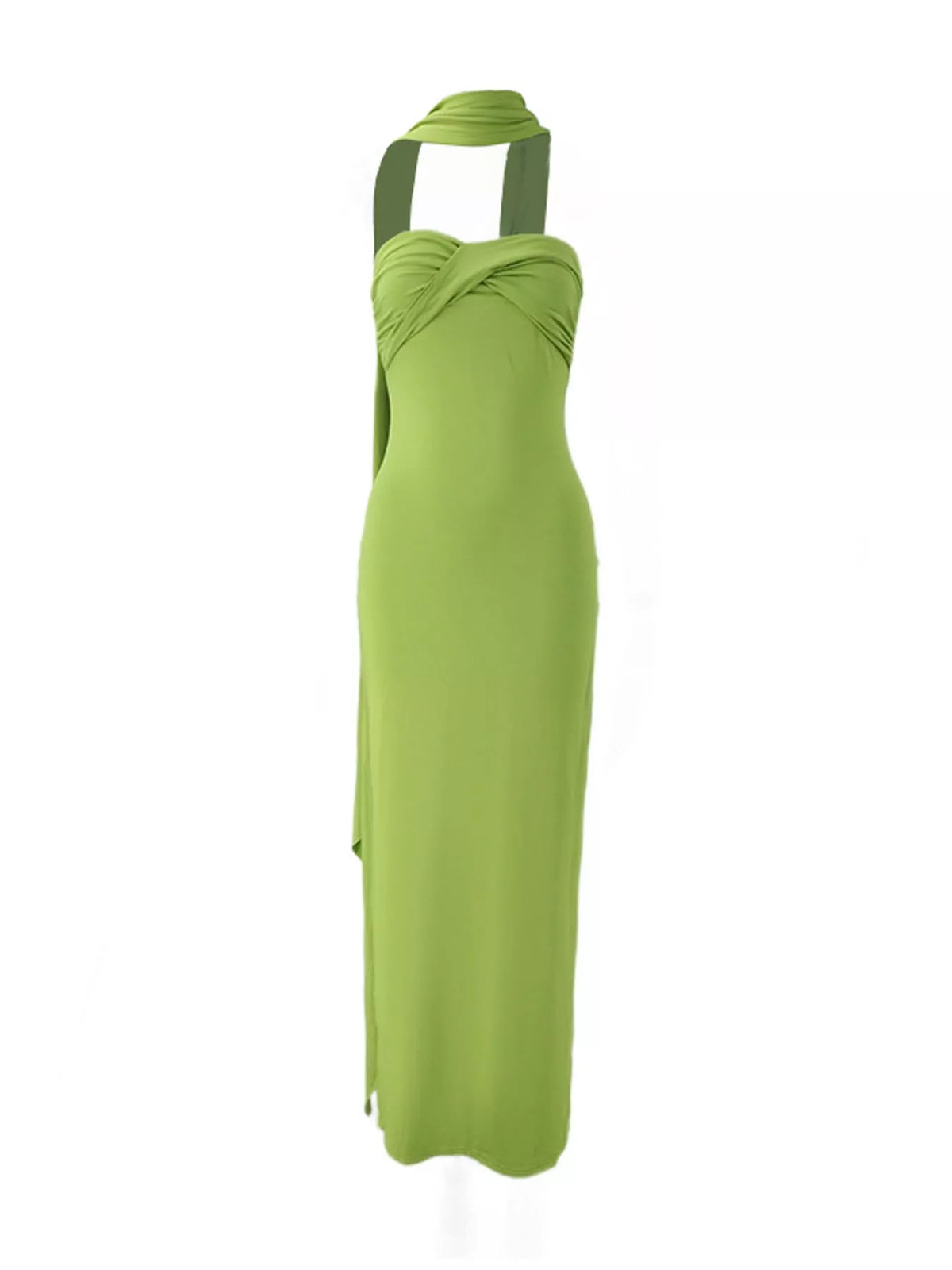 Green strapless ruched bodycon maxi dress with scarf, front view