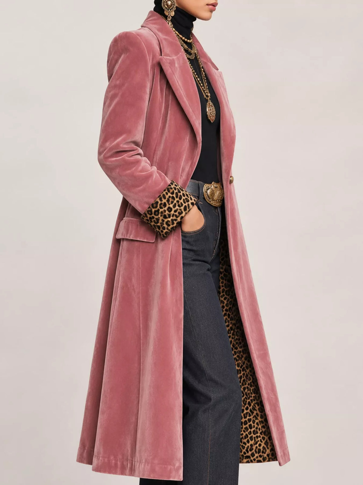 Pink-Velvet Version button up longline coat