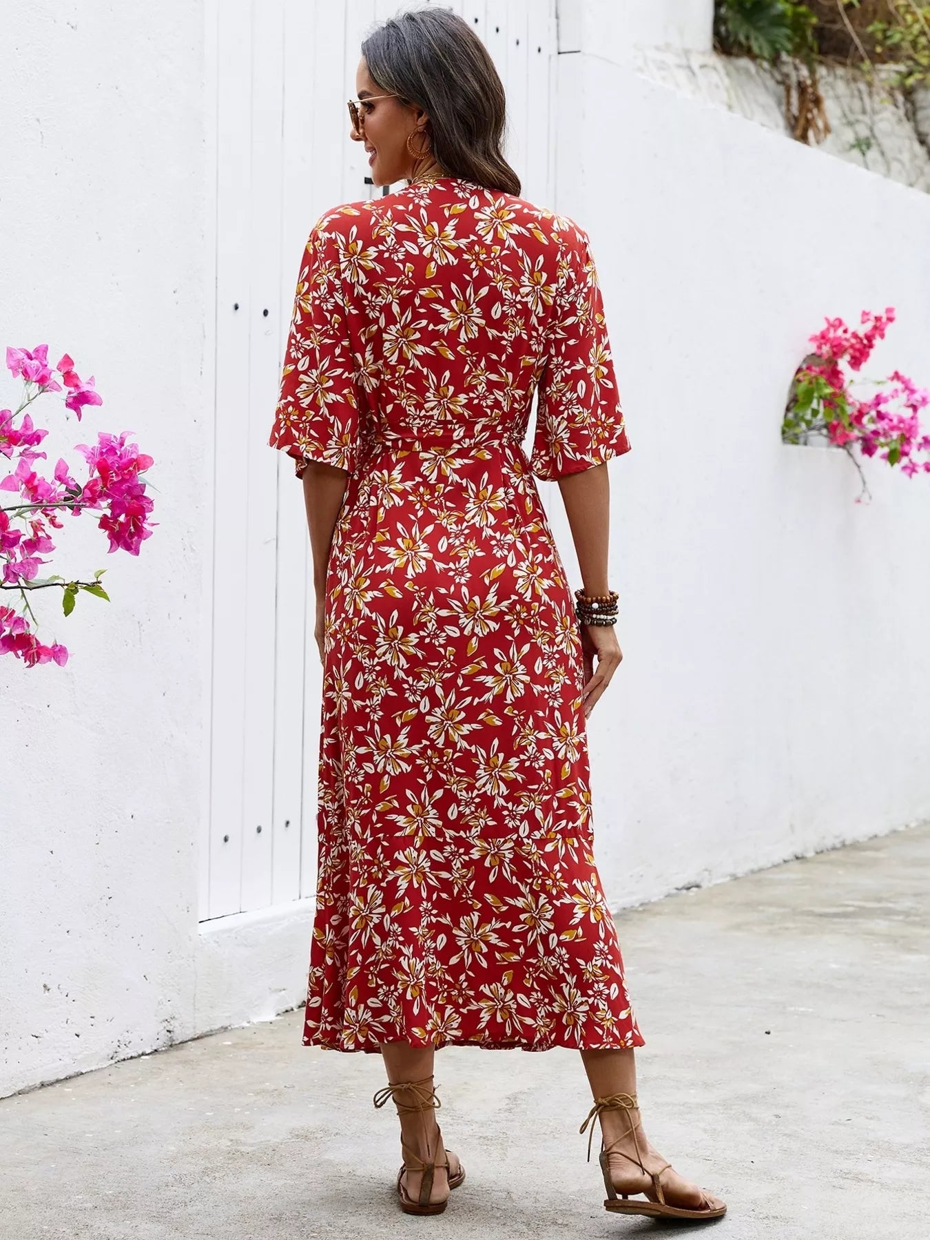 Trendsi Slit Printed Surplice Midi Dress -