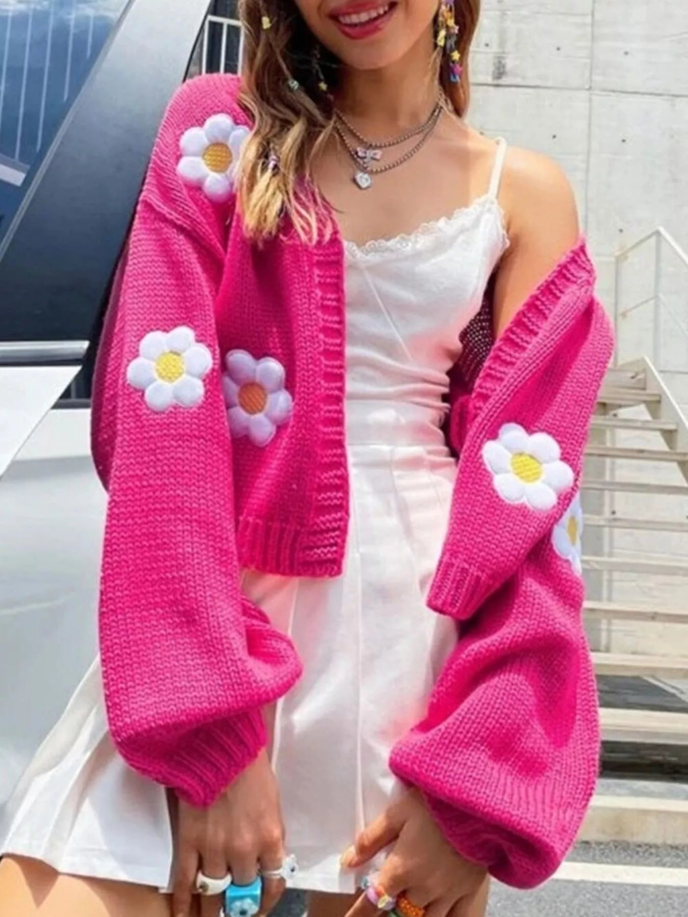 Trendsi Floral Open Front Knit Cardigan -