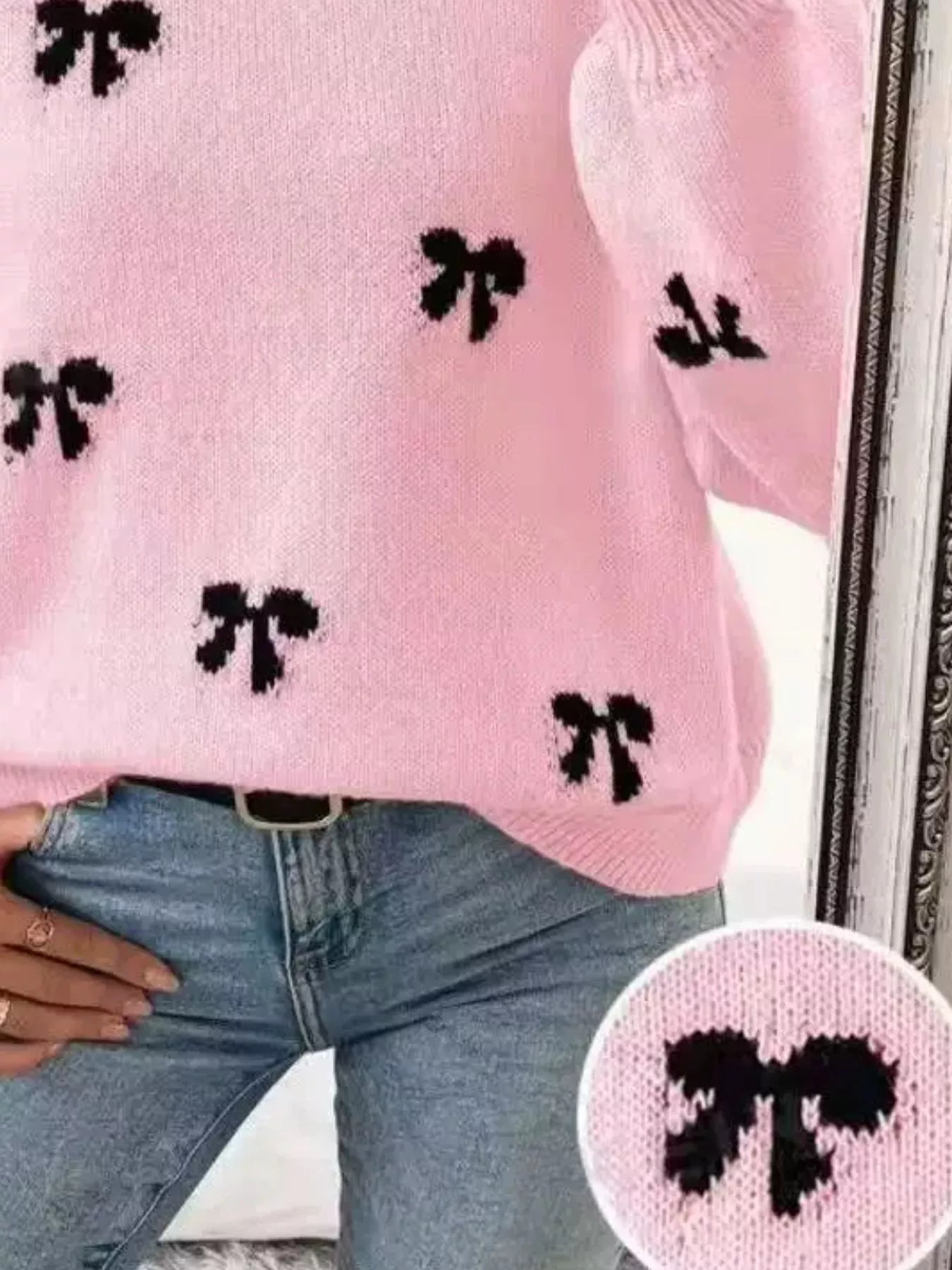 Trendsi Bow Round Neck Dropped Shoulder Sweater -