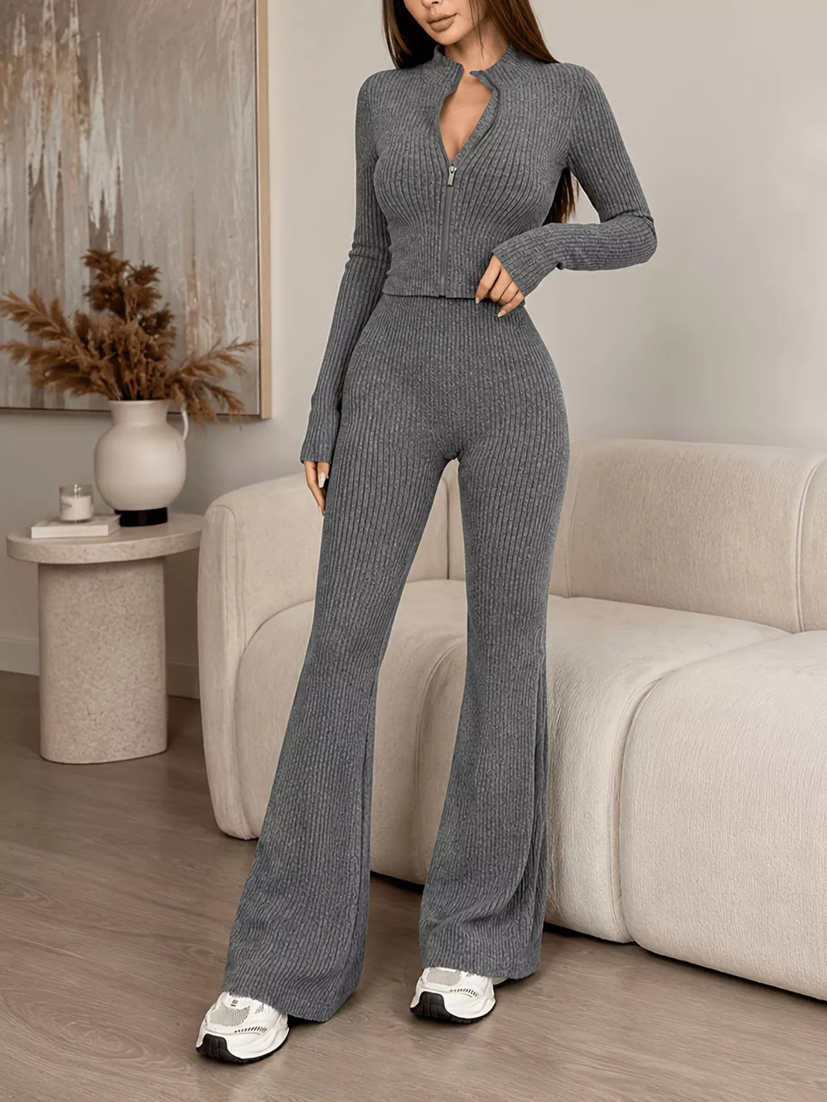Ribbed zip-up cardigan and pants knit set